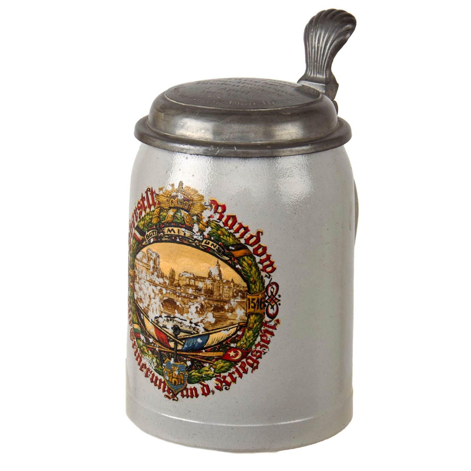Original Imperial German WWI Painted Arming of Diedenhofen Beer Stein with Engraved Lid by Zinngiesserei of München - Dated 1916