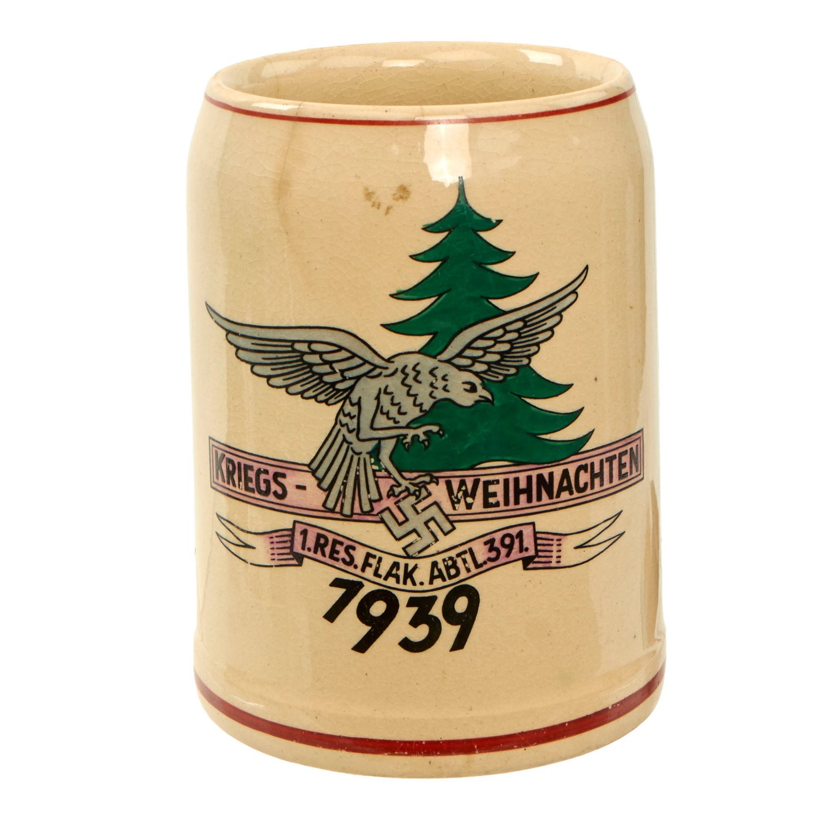 Original German WWII 1939-Dated 1st Reserve Flak-Abteilung 391 Beer Stein with Droop-Tail Eagle War Christmas Depiction - No Lid