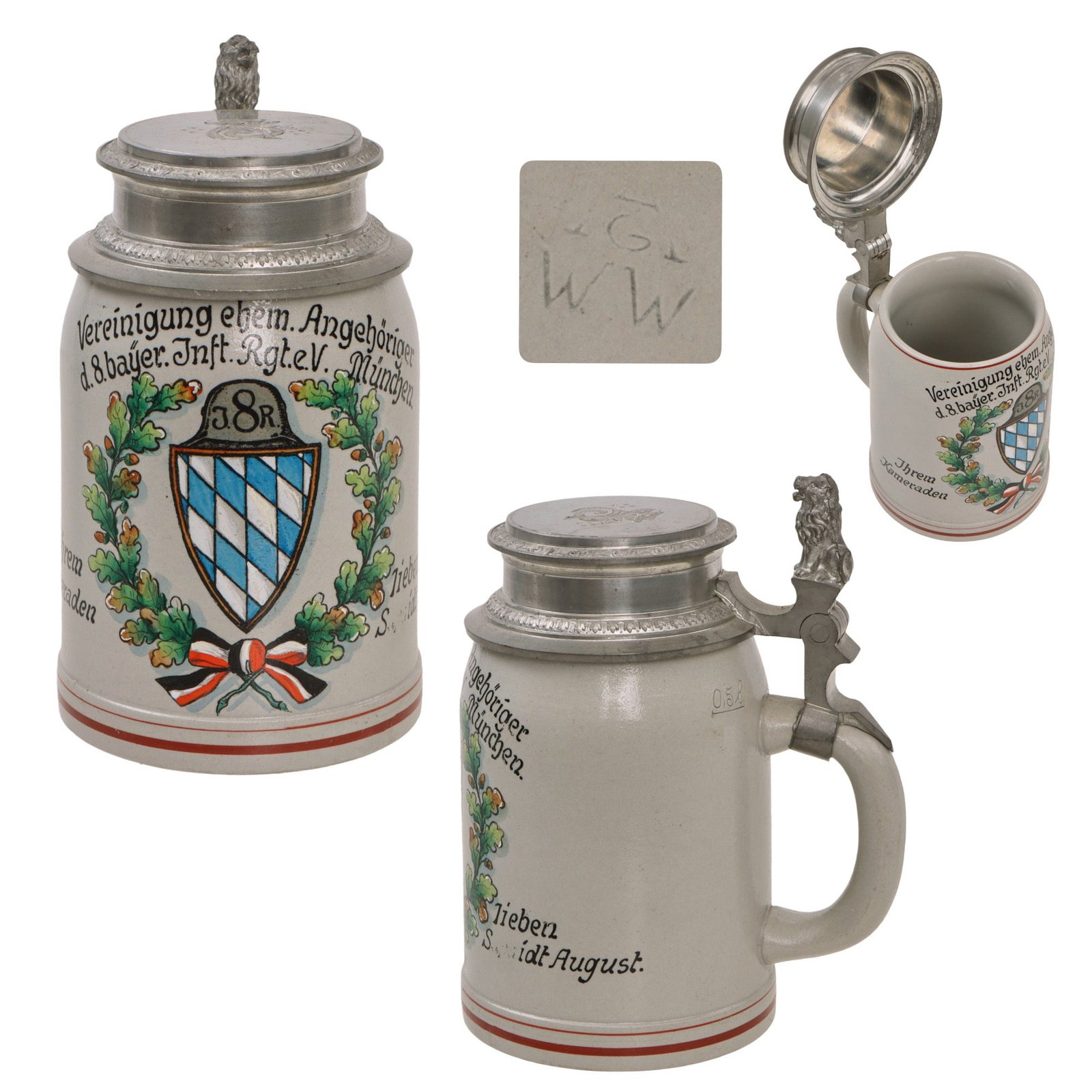 Original Imperial German WWI Era 8th Royal Bavarian Infantry Regiment Beer Stein with Hinged Lid & Maker’s Mark