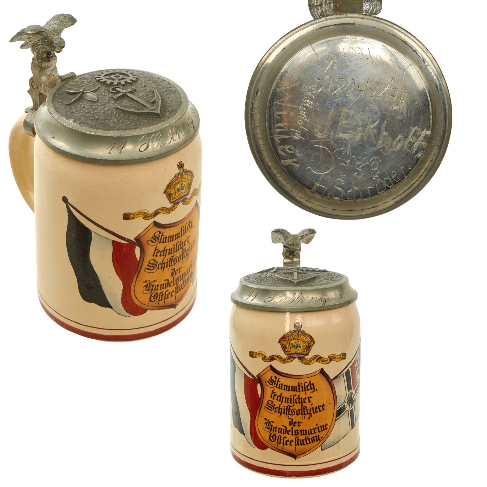 Original Imperial German Pre-WWI Kaiserliche Marine Merchant Marine Navy Lidded Stein with Nine Sailor Names Inscribed Under Lid