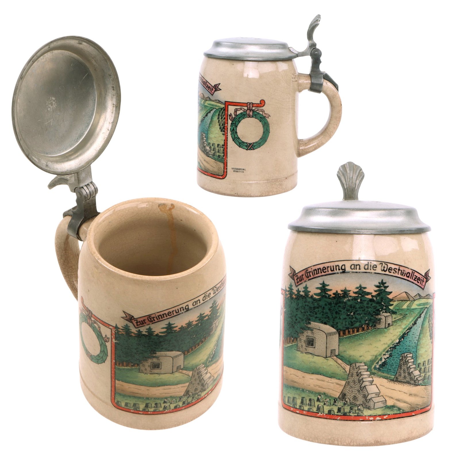 Original German WWII West Wall Service Memories Lidded Beer Stein - Zur Erinnerung an die Westwallzeit