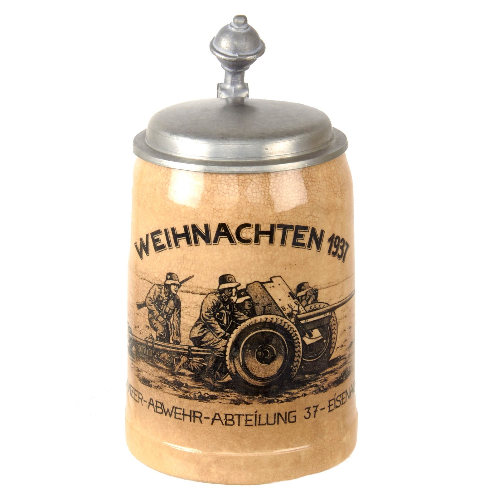 Original German Inter War Reichswehr Panzer-Abwehr-Abteilung 37-Eisenach Regimental Christmas 1937 Lidded Beer Stein with Anti-Tank Gun Depiction
