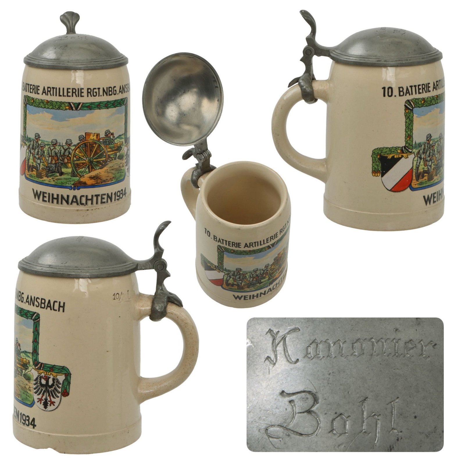 Original German Pre-WWII 10. Batterie Artillerie Regiment Nbg. Ansbach Regimental Christmas 1934 Lidded Beer Stein with Artillery Crew Depiction - Kanonier Bohl