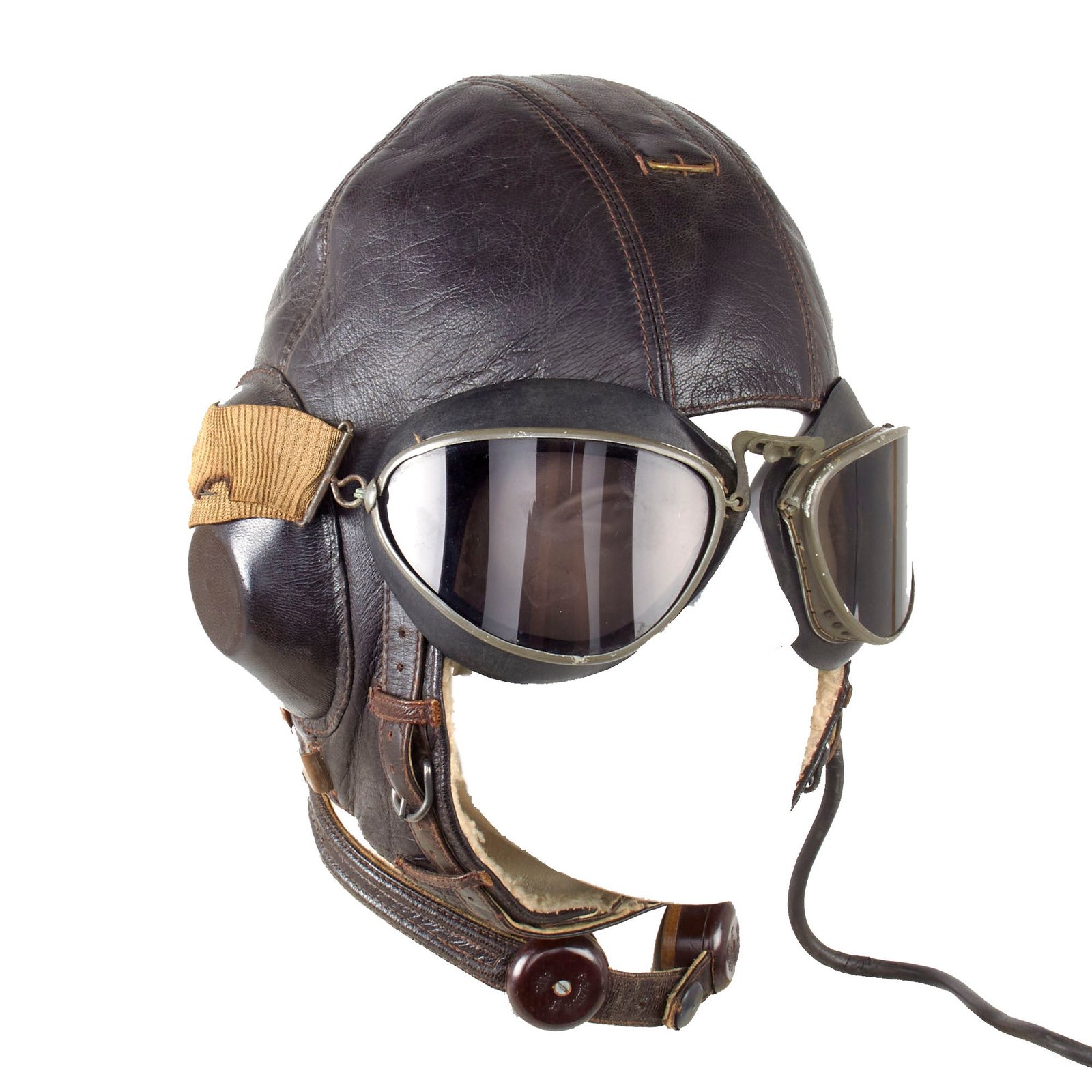 Original German WWII Luftwaffe LKpW101 Leather Winter Flying Helmet with Avionics & Goggles - Size 57cm