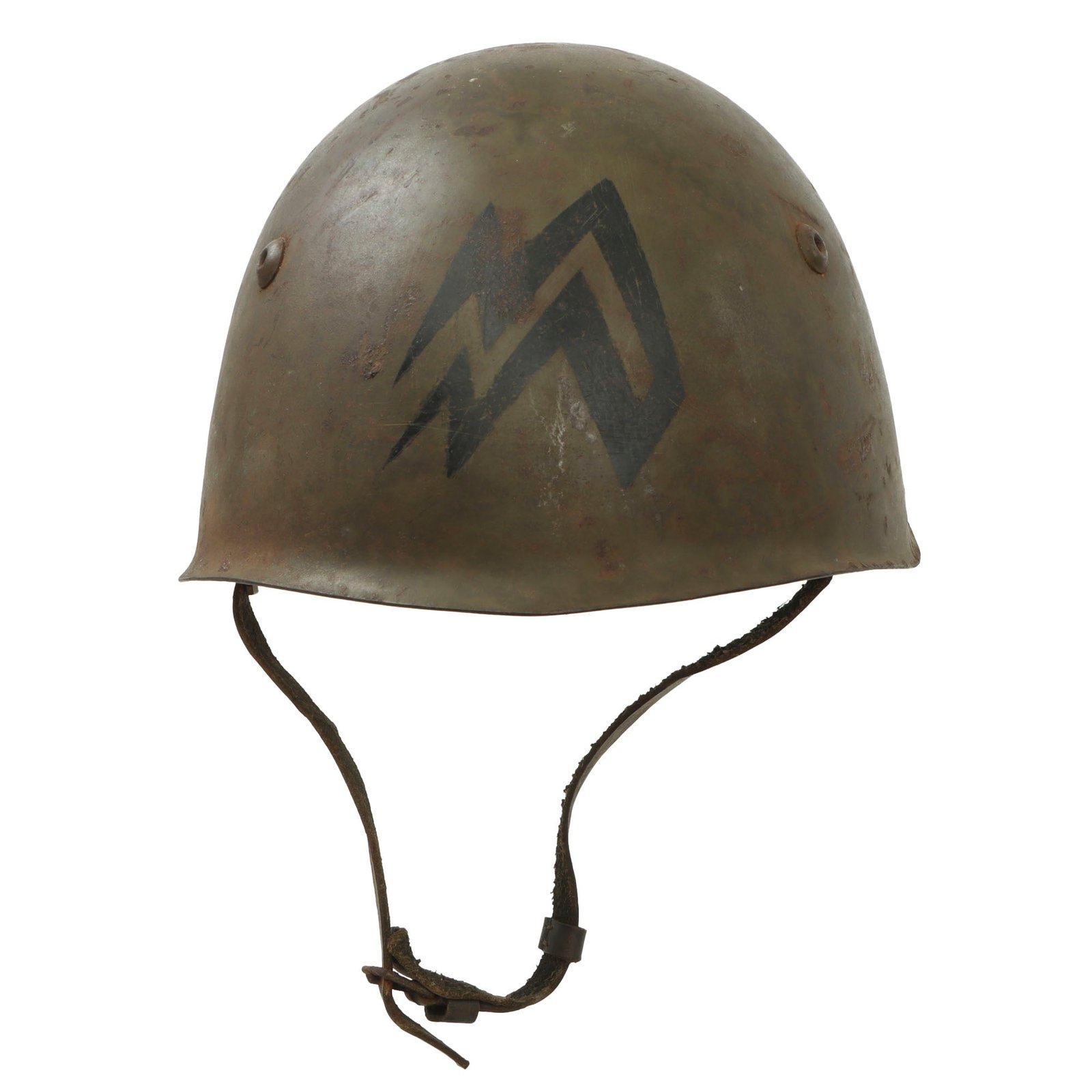 Original WWII Italian M33 Helmet Painted with Fascist Militia RSI Socialist Lightning Stencil