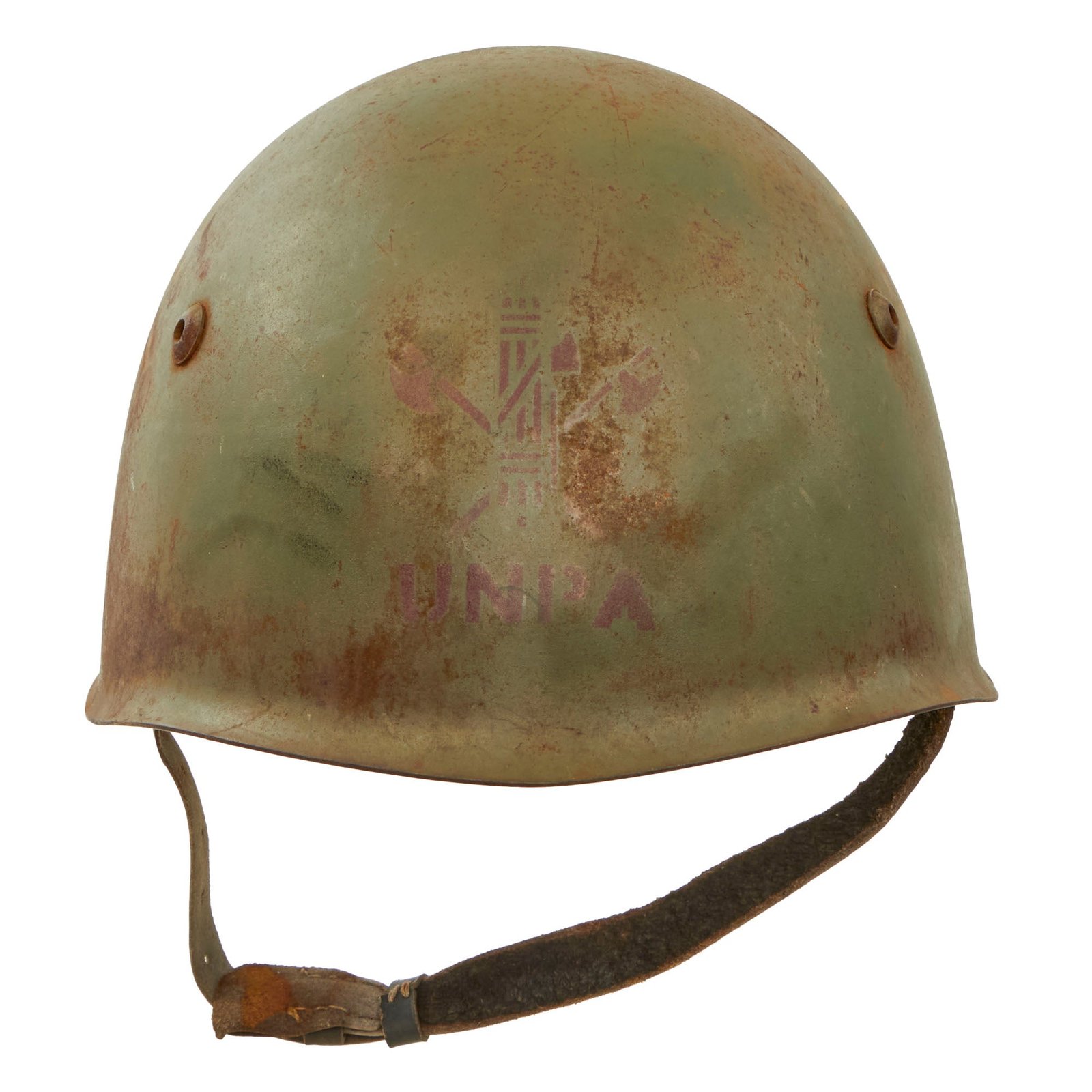 Original WWII Italian UNPA Unione Nazionale Protezione Antiaerea M33 Helmet with Great Stencil - Liner & Chinstrap