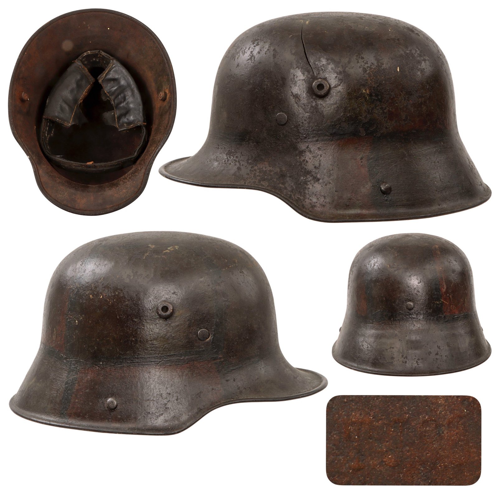 Original Imperial German WWI M16 Stahlhelm Helmet with Panel Camouflage Paint & Leather Liner - Possible Battle Damage - Marked TJ66