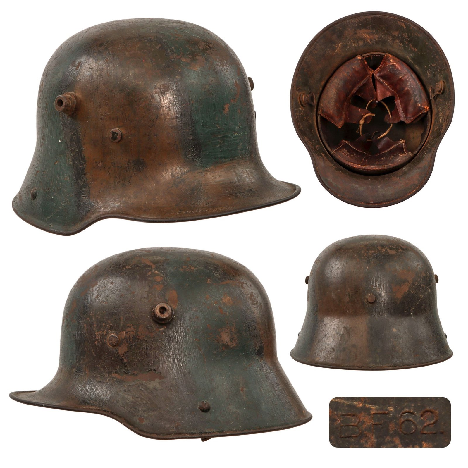 Original Imperial German WWI M16 Stahlhelm Helmet with Panel Camouflage Paint with Leather Liner - Stamped BF62