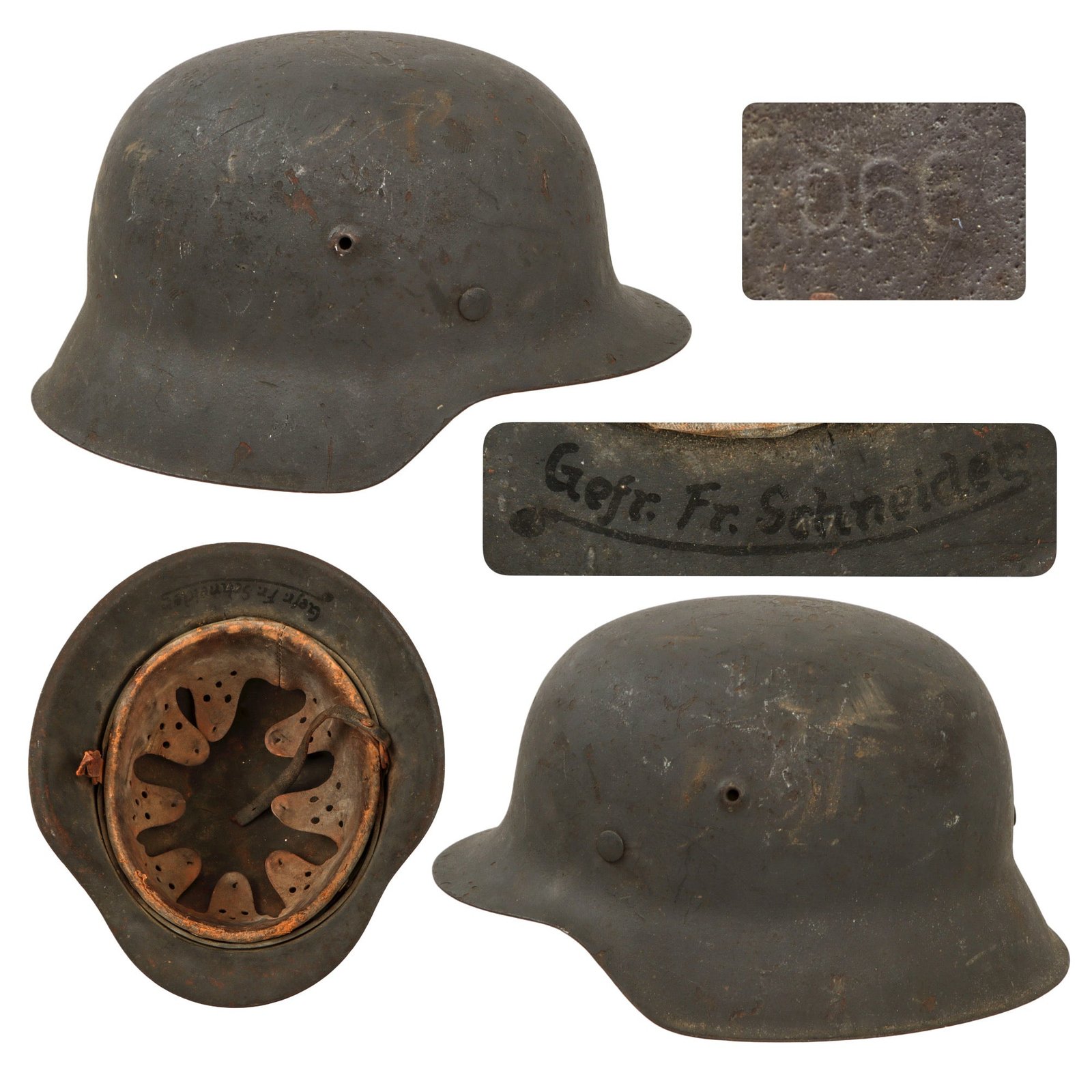 Original German WWII Named Heer Army No Decal M42 Helmet with 1943 Dated 58cm Liner and Broken Chinstrap - Stamped hkp66