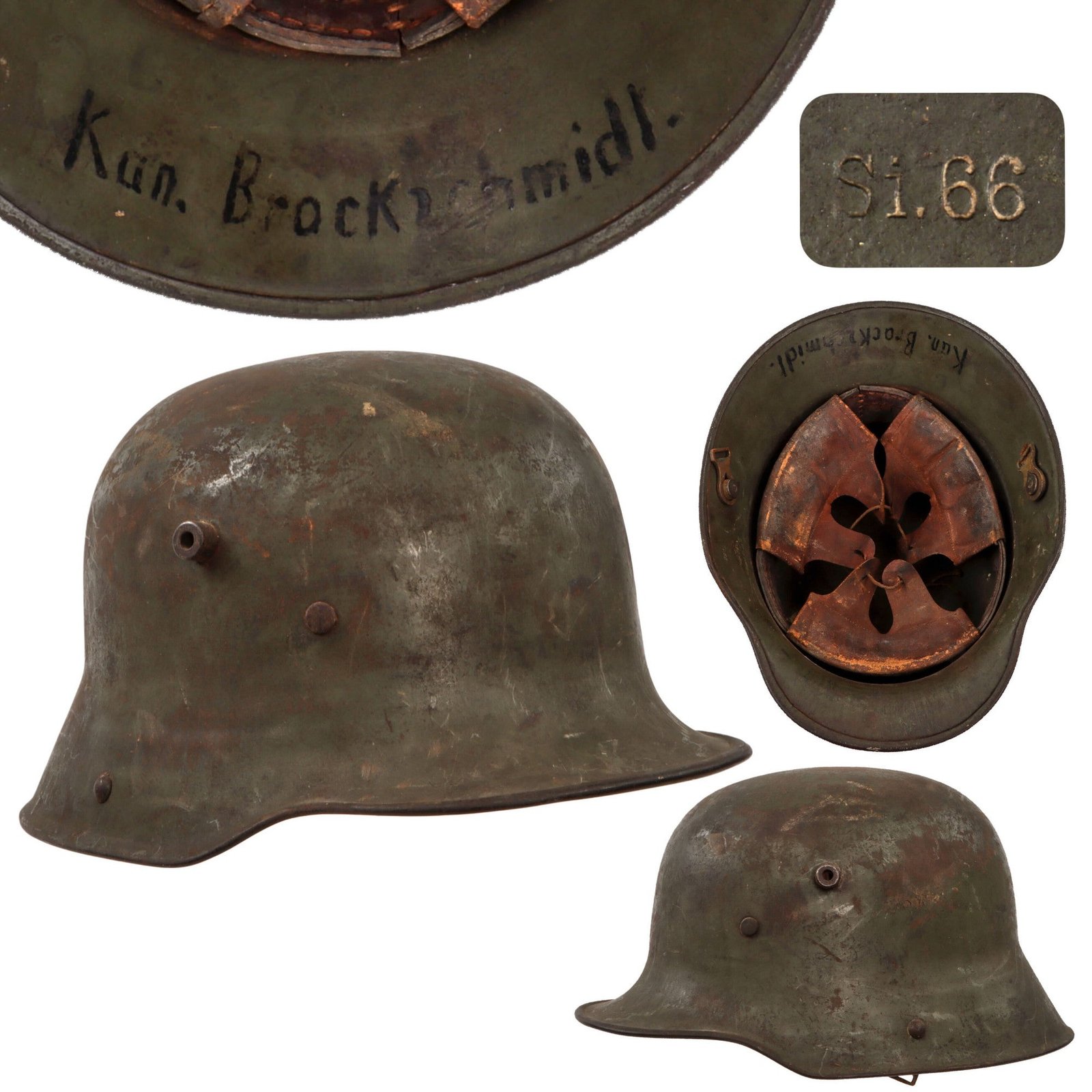 Original Imperial German WWI Artillery Kanonier Brockschmidt Named M16 Stahlhelm Helmet with Full Leather Liner - Marked Si. 66