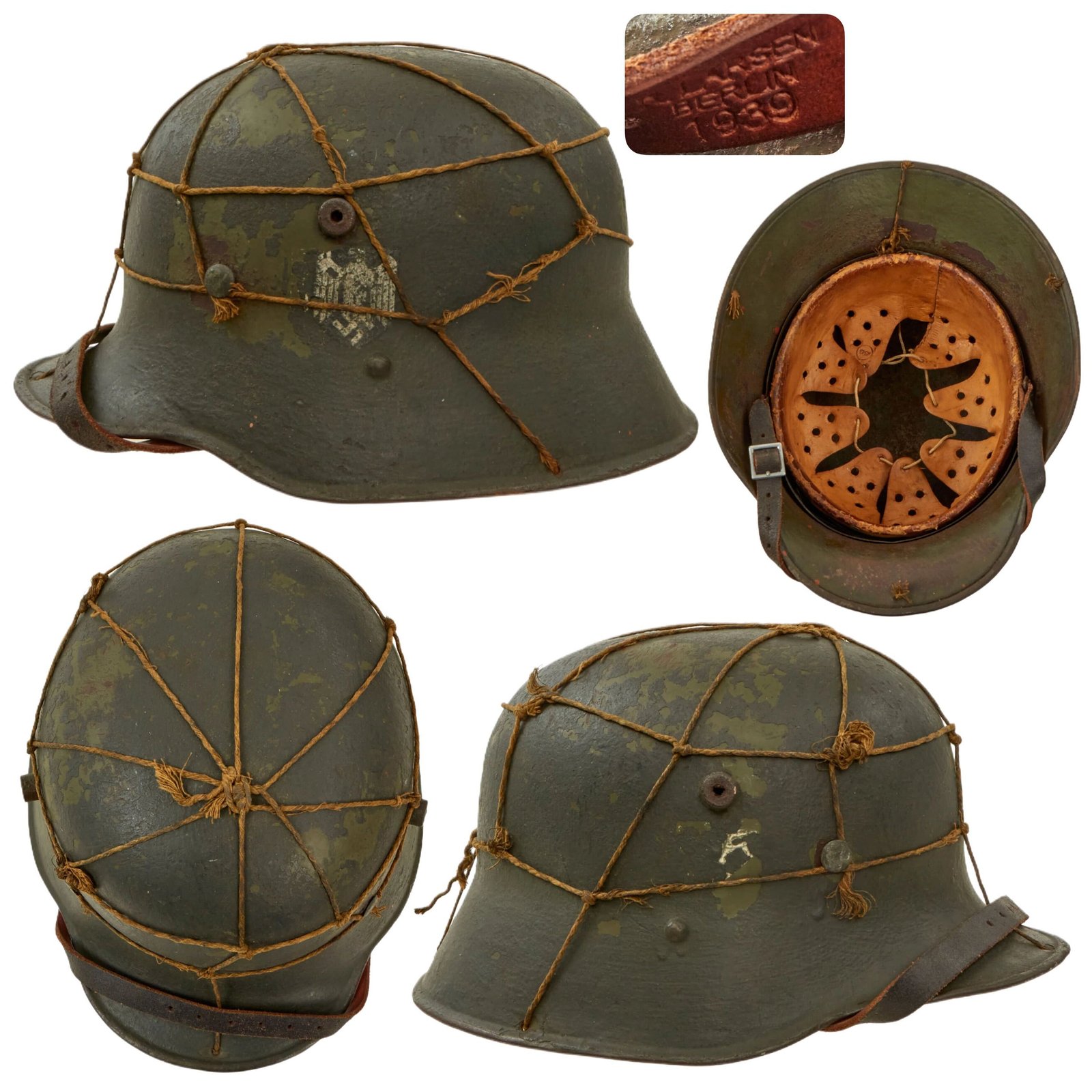 Original German WWII Austrian M17 Transitional Heer Army Single Decal Helmet with Period Applied Net and 58cm Liner - Size 66 Shell