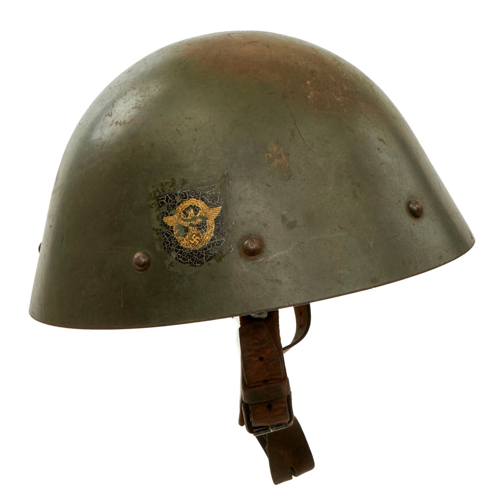 Original German WWII Rare Double Decal Field Police Reissued Czech Vz32 / M32 "Egg-Shell" Steel Helmet - Dated 1938