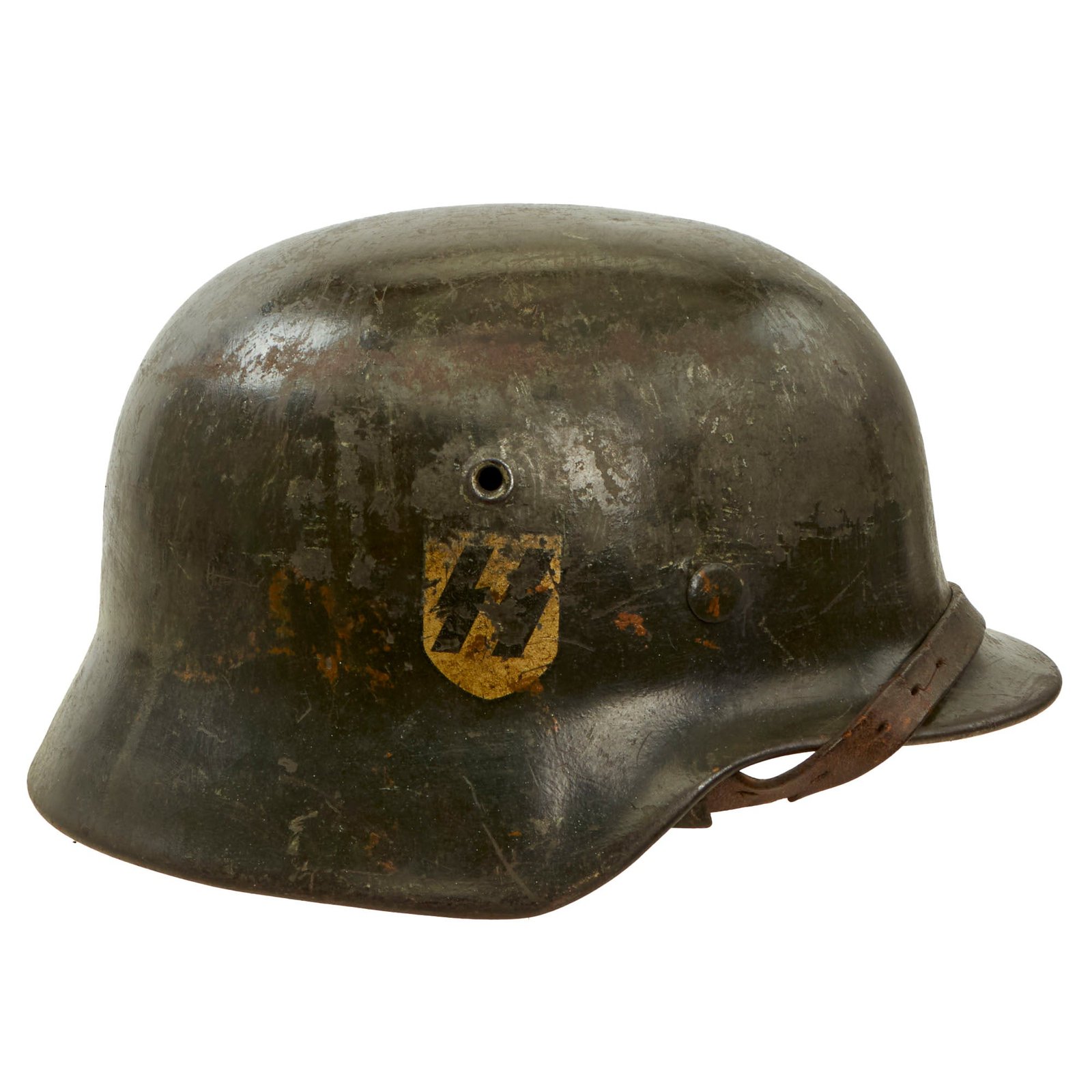 Original German WWII Rare Waffen SS M40 Single Decal Helmet with 1941 Dated 58cm Liner and Partial Chinstrap - Stamped ET66