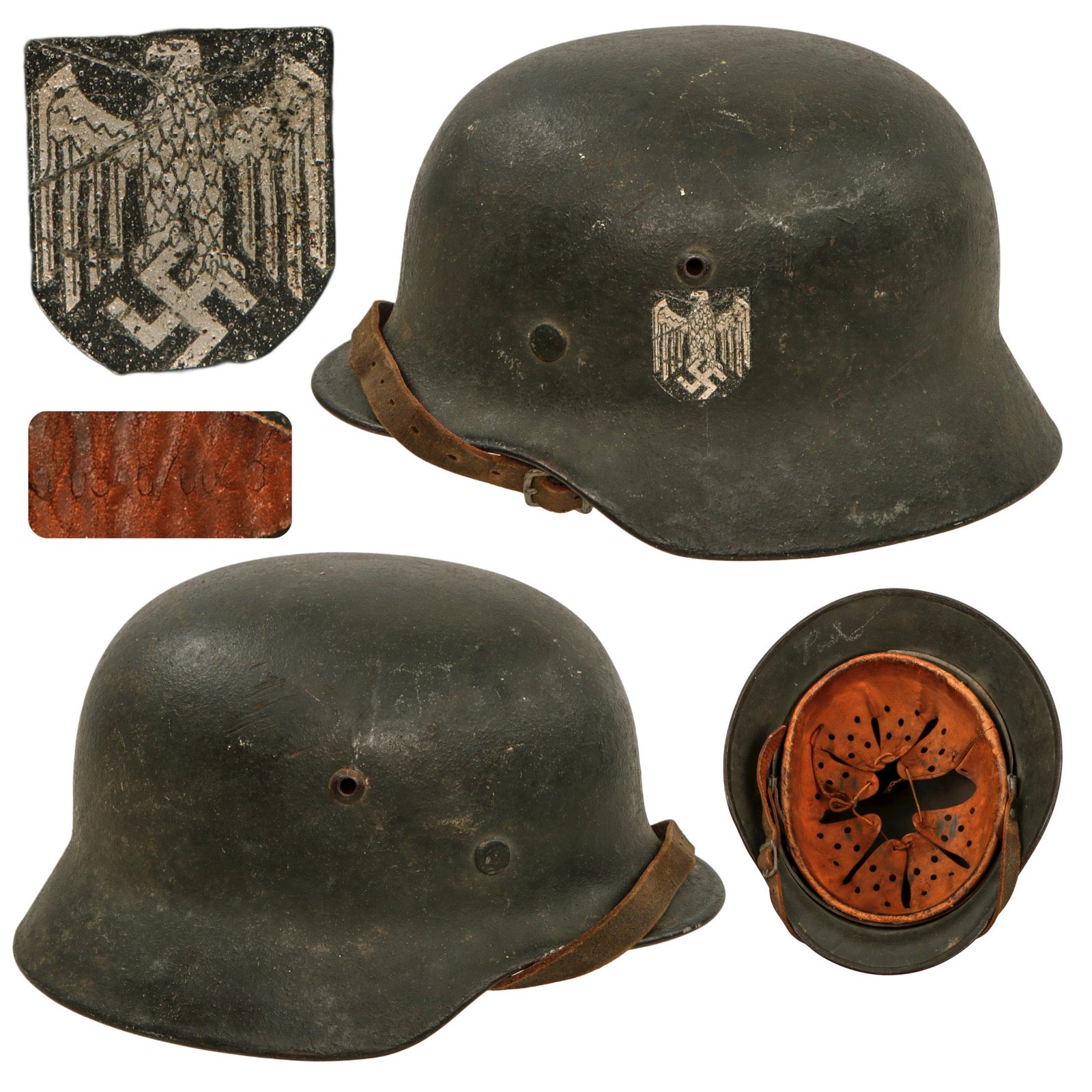 Original German WWII Heer Army M35 Single Decal Textured Paint Steel Helmet with 1944 Dated 56cm Liner and Chinstrap - Size 64 Shell