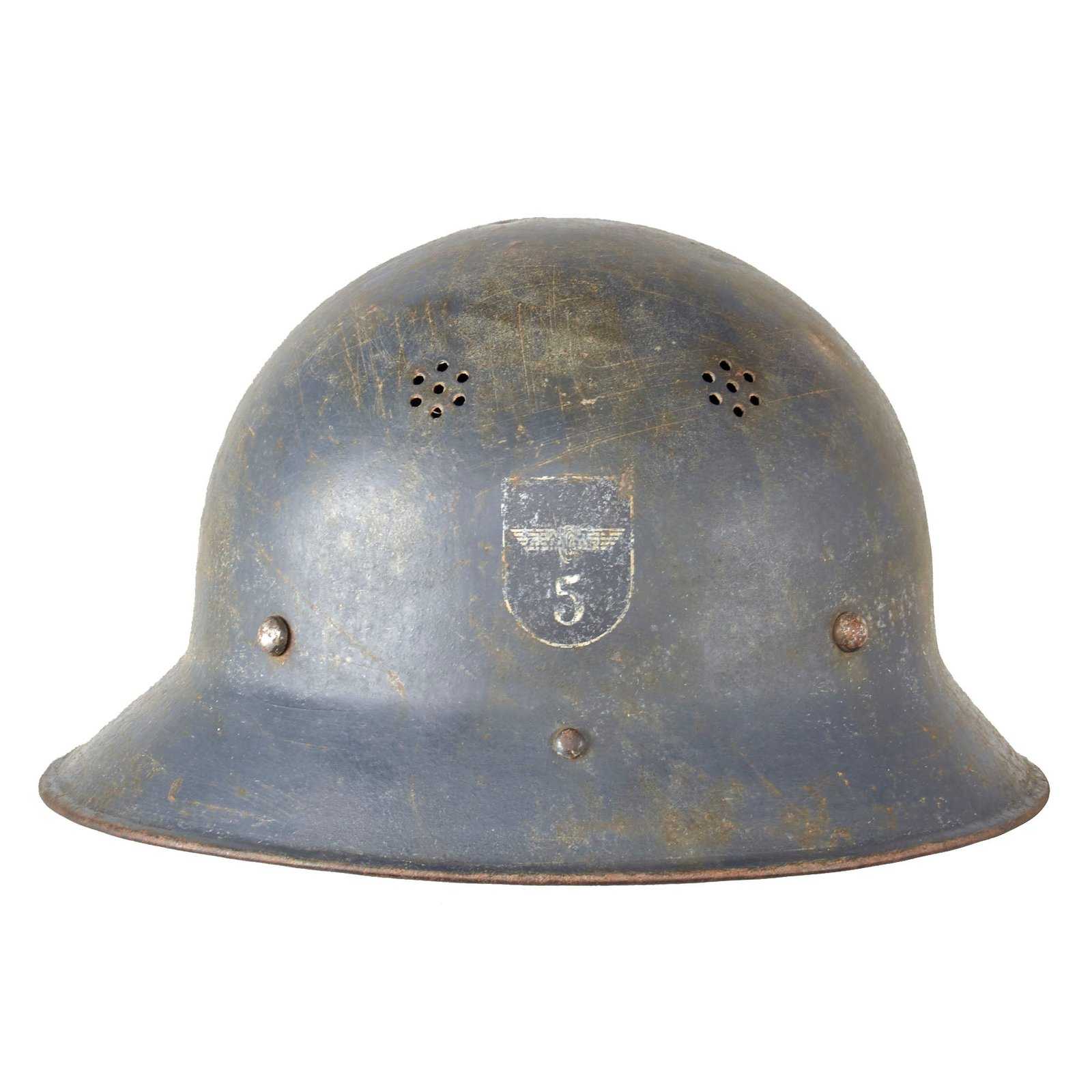 Original German WWII Rare DRB Bahnschutzpolizei Railway Police Unit 5 Reissued Czech Vz.29 Steel Helmet with Liner