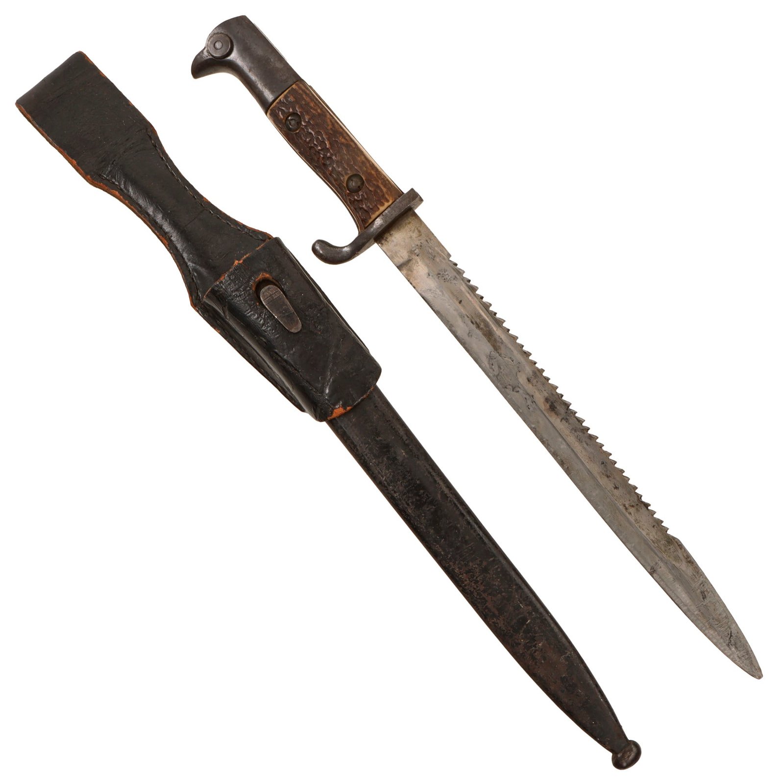 Original German Pre WWII Long Dress Sawback Stag Handle Bayonet by Alcoso with Scabbard and Frog
