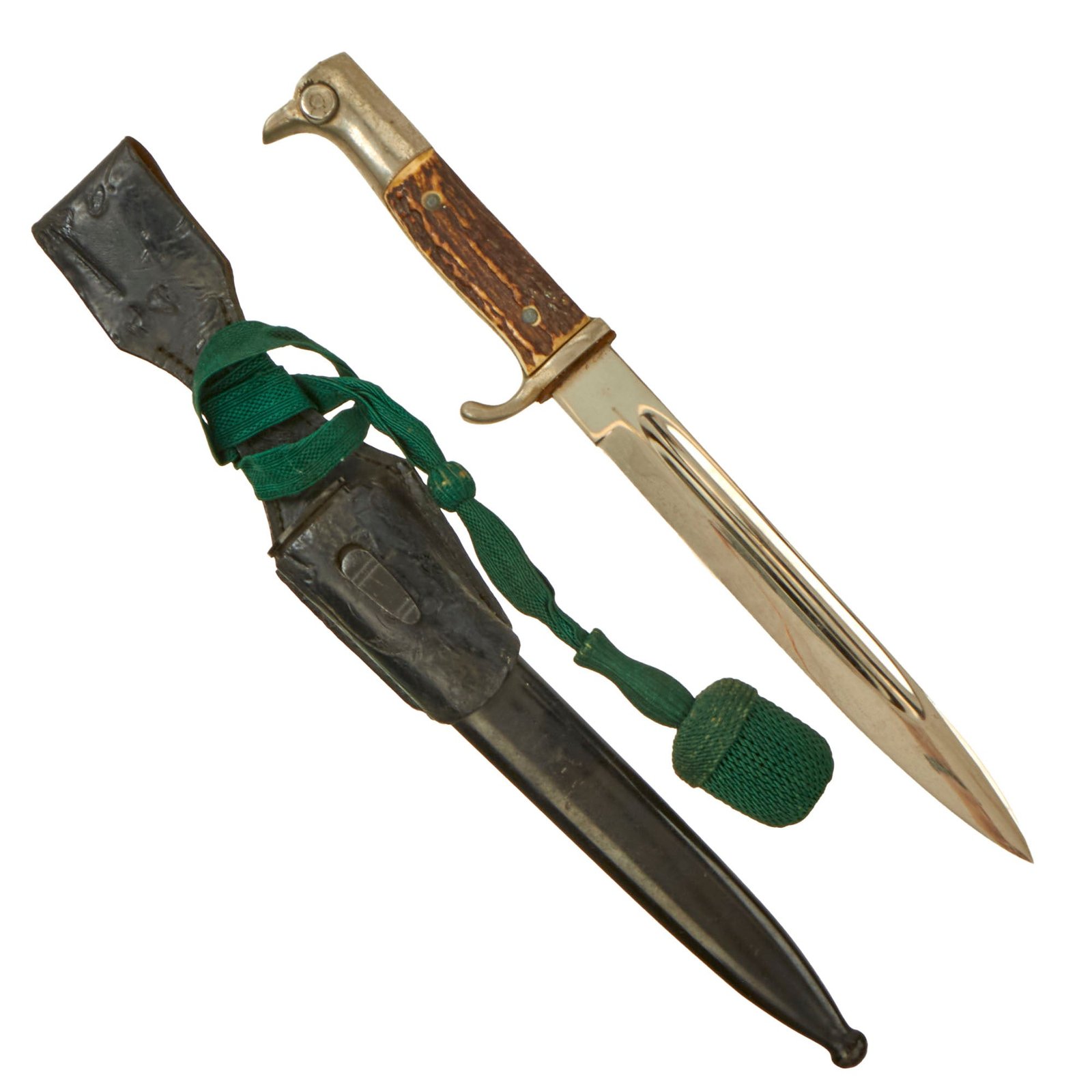 Original German Pre WWII Short Stag Handle 98k Dress Bayonet with Forestry Service Troddel, Scabbard, and Frog