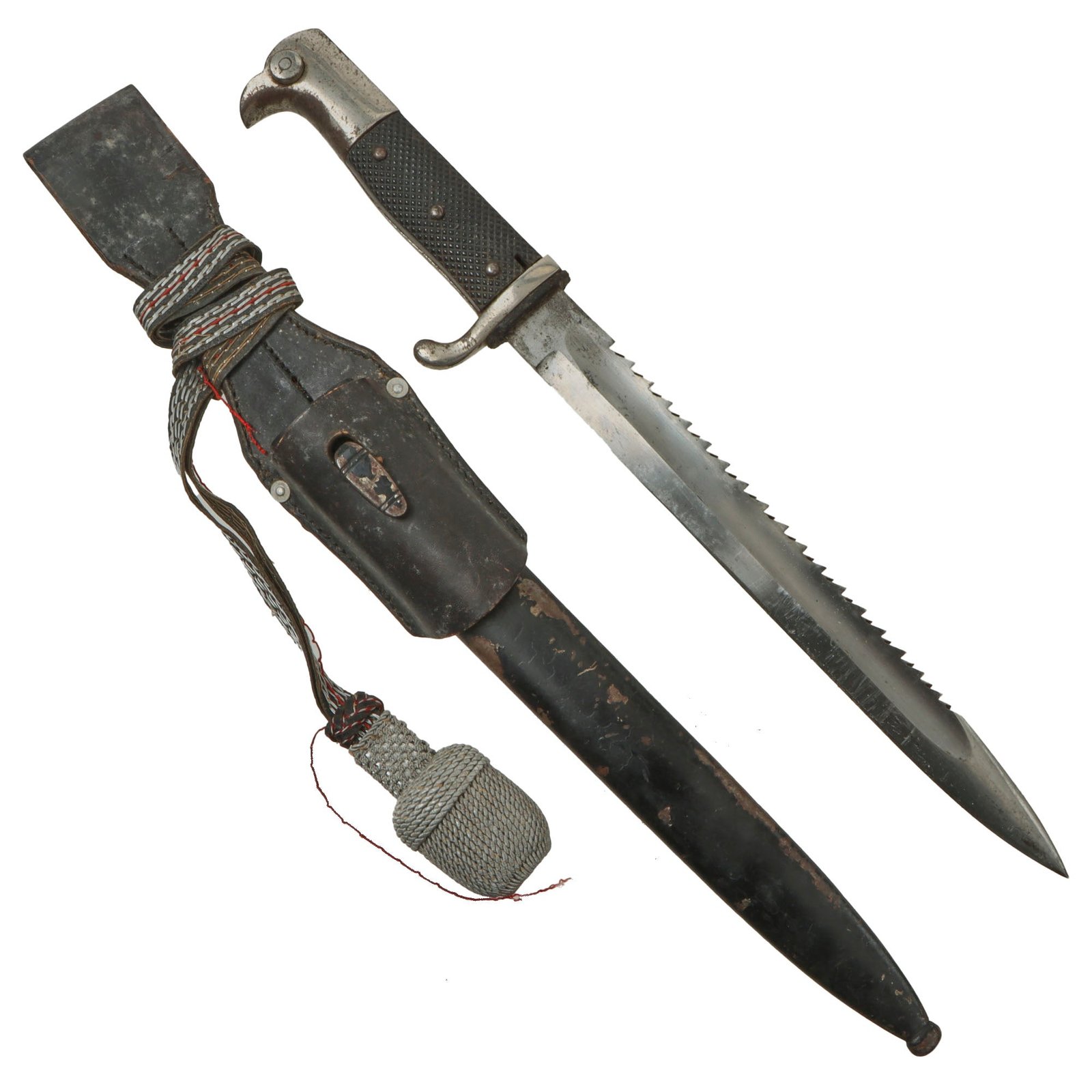 Original German Pre WWII Long Dress Sawback Bayonet by Carl Eickhorn with Scabbard, Frog, and Police Troddel Knot