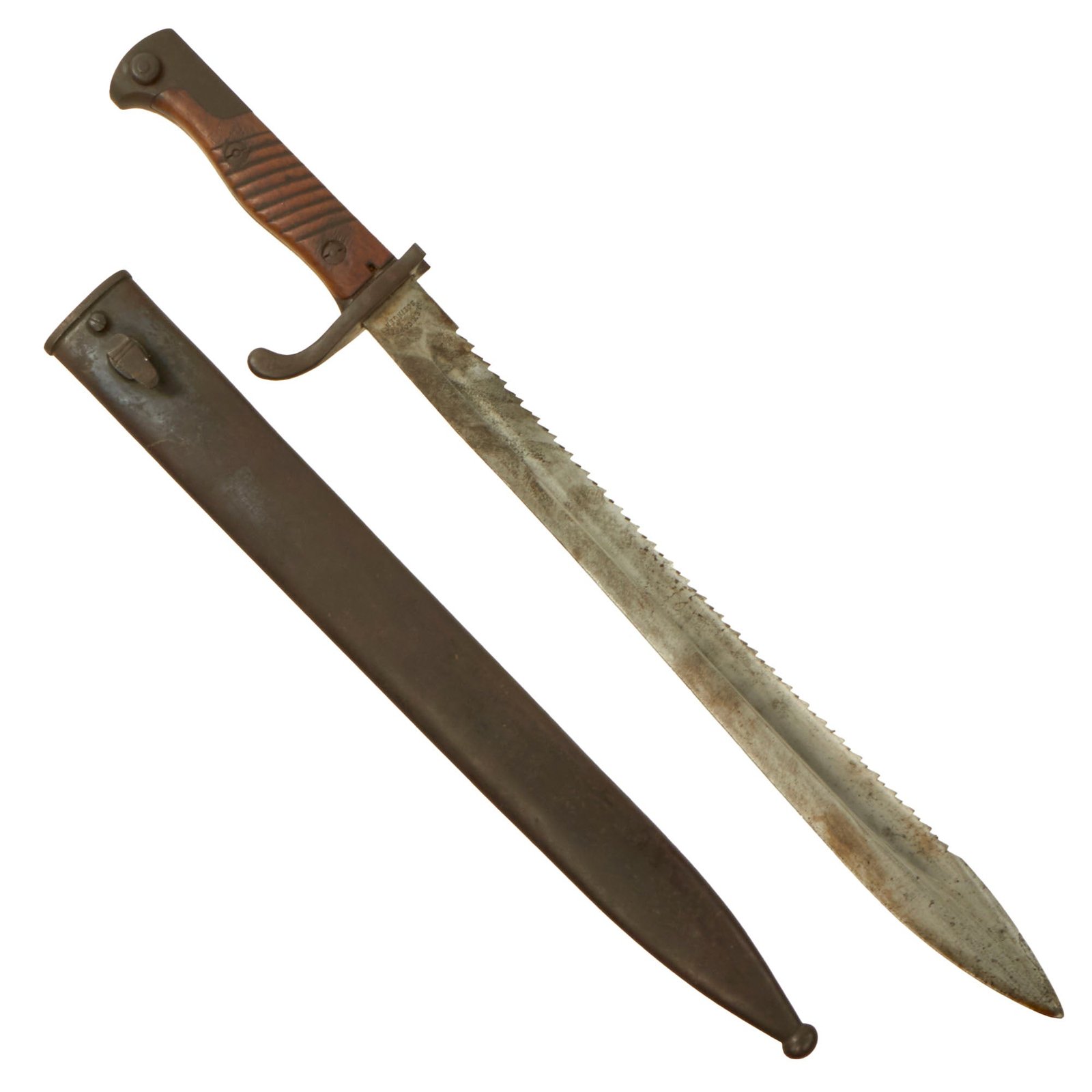 Original German WWI Bavarian M1898/05 n/A Butcher Sawback Bayonet with “High Horns” by Alex. Coppel Dated 1913 with Steel Scabbard
