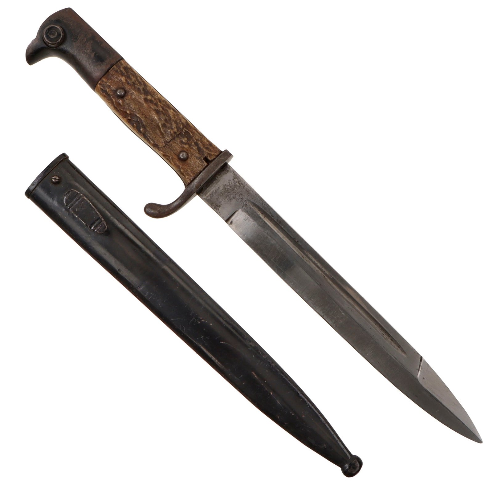 Original German Pre WWII Stag Handle Short 98k Knife Bayonet by Carl Eickhorn with Scabbard