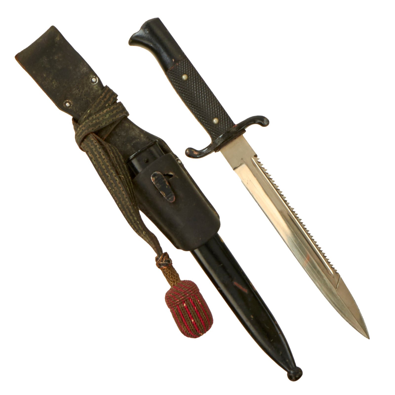 Original German WWII Fireman's Short Dress Sawback Bayonet with Painted Handle, Scabbard, Frog, and Troddel Knot
