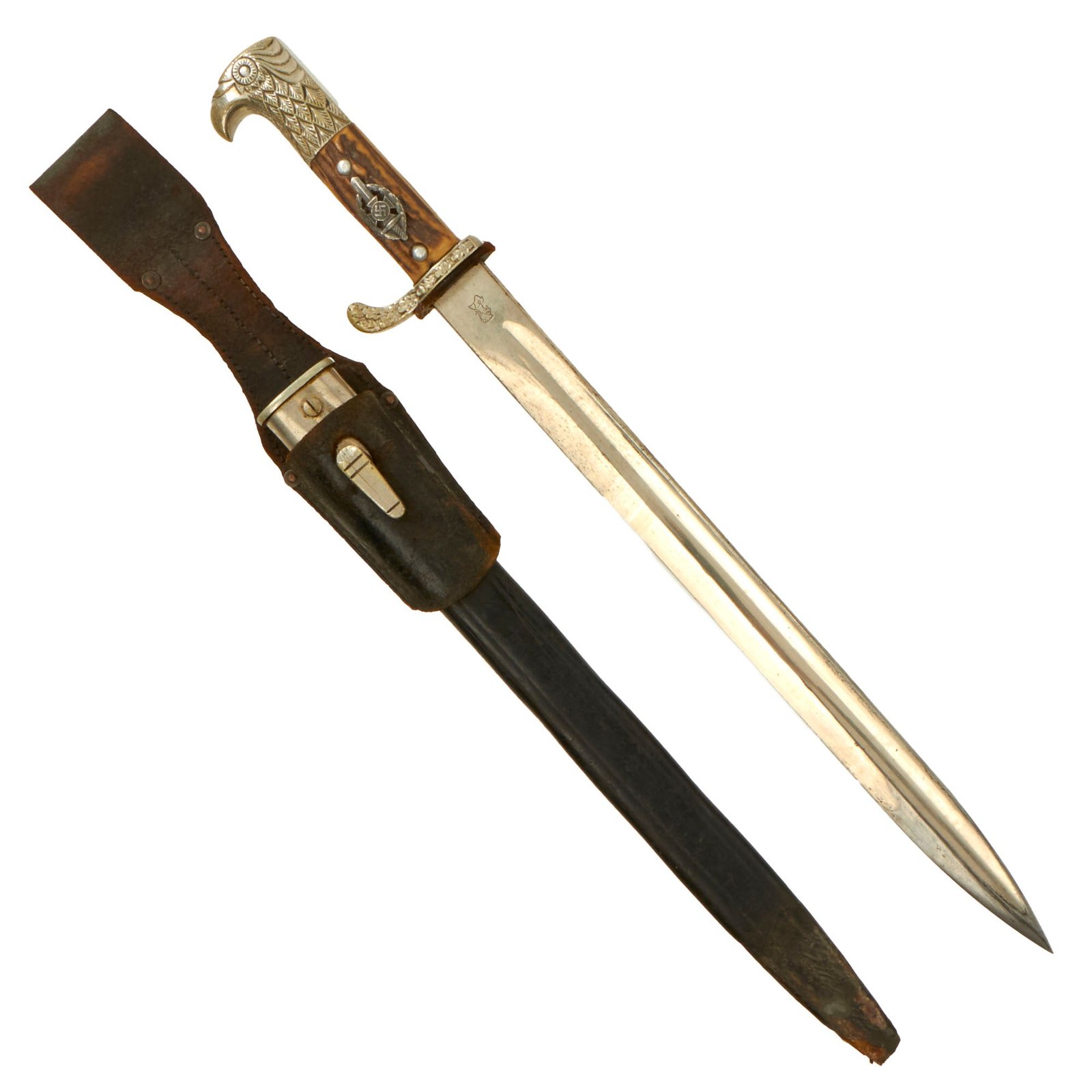 Original German WWII Police Style Long Dress Bayonet by WKC Waffenfabrik with NSKOV Emblem Stag Grips and Scabbard