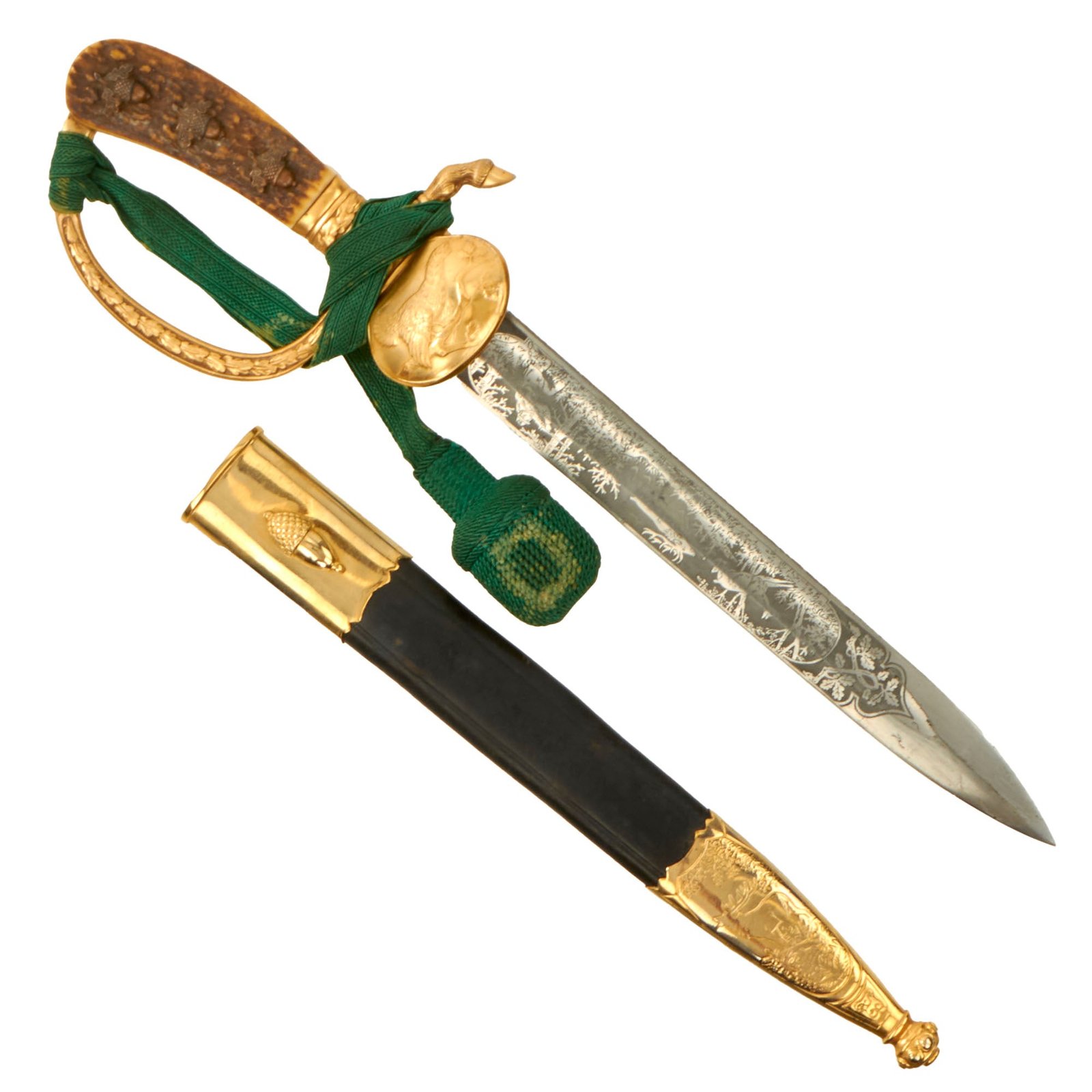 Original German WWII Hirschfänger Stag Handle Forestry Dress Dagger by Carl Eickhorn with Handguardm, Scabbard, and Troddel Knot