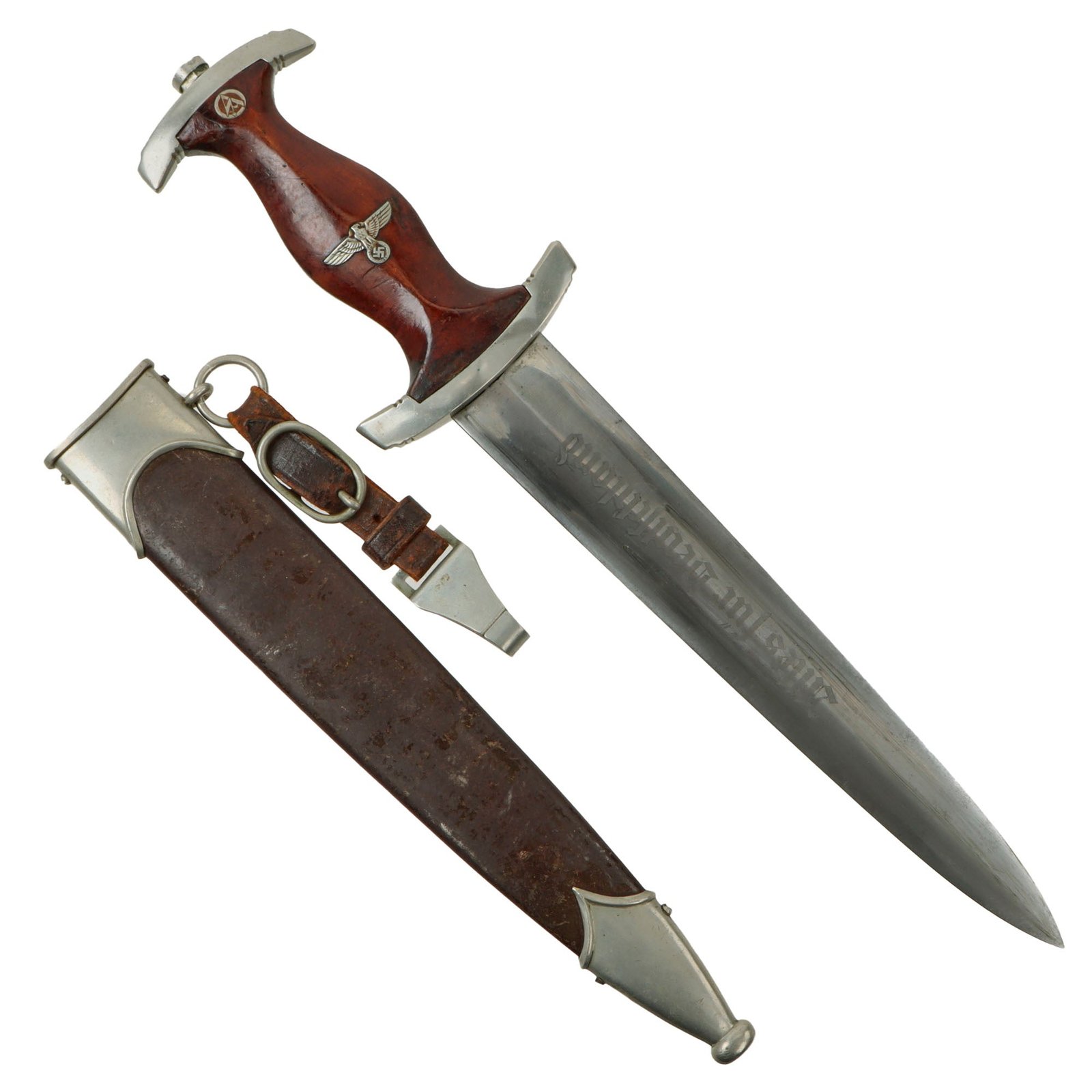 Original German Early WWII SA Dagger by Rare Maker Emil Voos of Solingen with Scabbard and Hanger - McSARR Rarity Rated 8 of 10