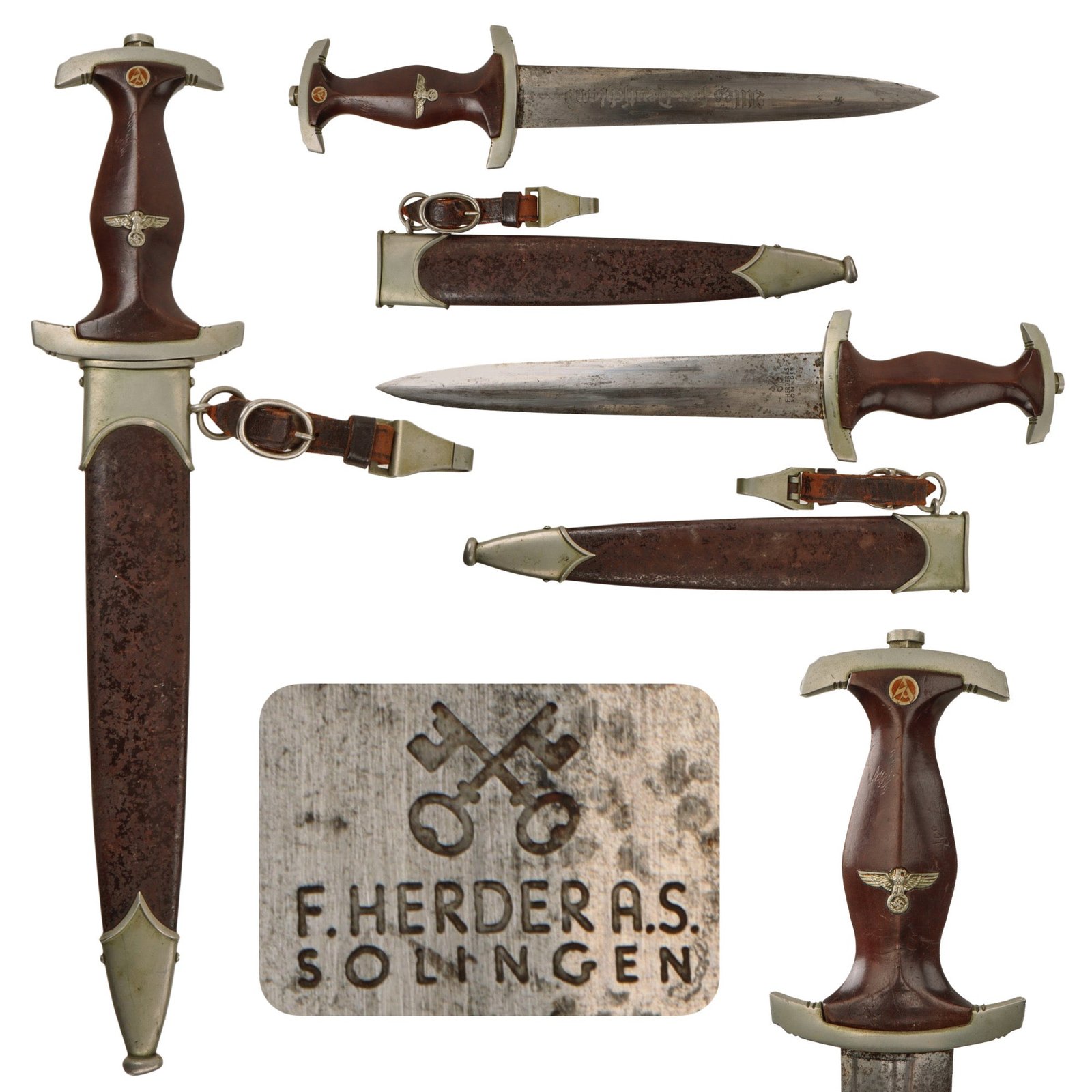 Original German Early WWII SA Dagger by Friedrich Herder Abr. Sohn of Solingen with Scabbard & Belt Hanger