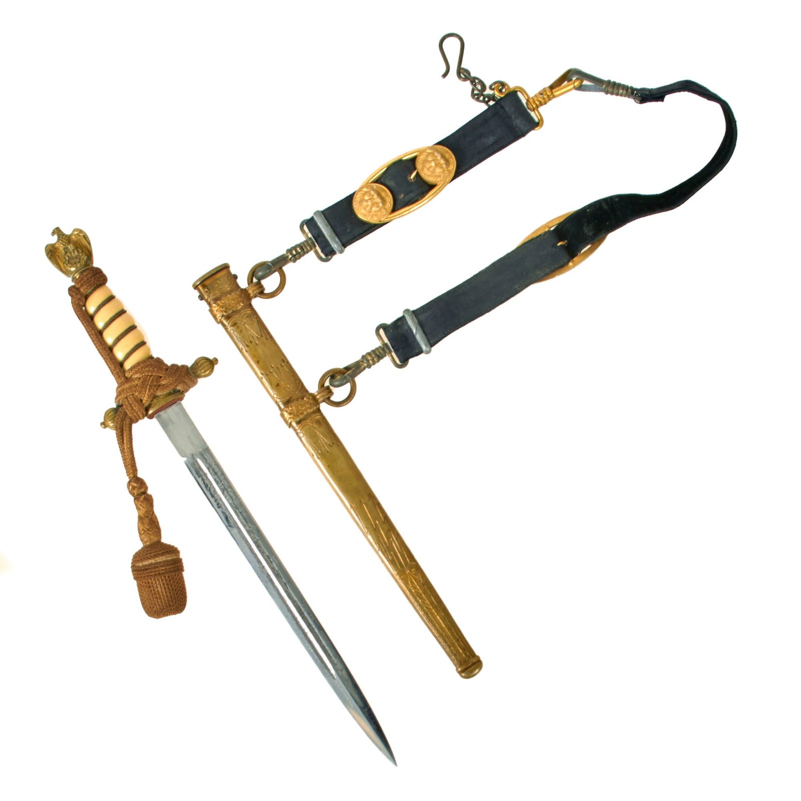 Original WWII German 2nd Model Naval Dagger by F.W. Höller with Lightning Bolt Scabbard, Lion Hangers, and Portepee
