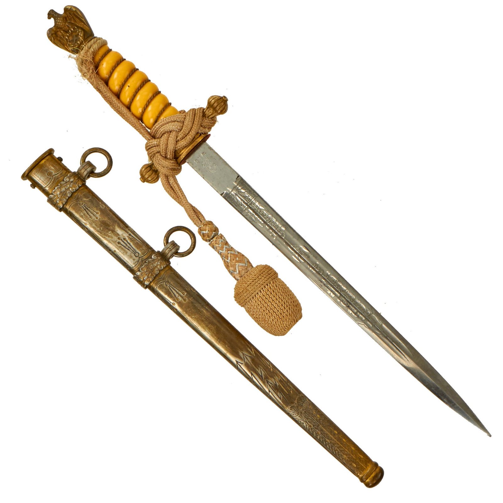 Original WWII German 2nd Model Kriegsmarine Naval Dagger by WKC Waffenfabrik with Steel Lightning Bolt Scabbard and Portepee - Unplated Blade