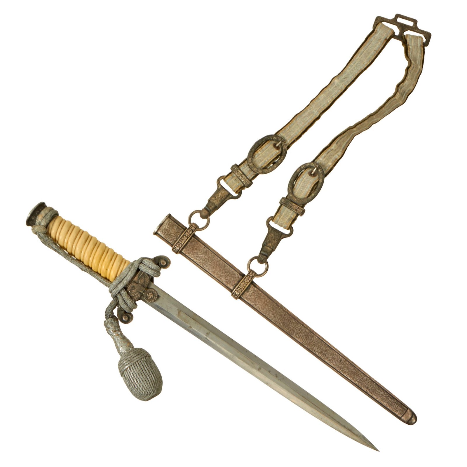 Original German WWII Early Army Heer Officer Dagger by F. W. Höller of Solingen with Scabbard, Hanger, and Portepee