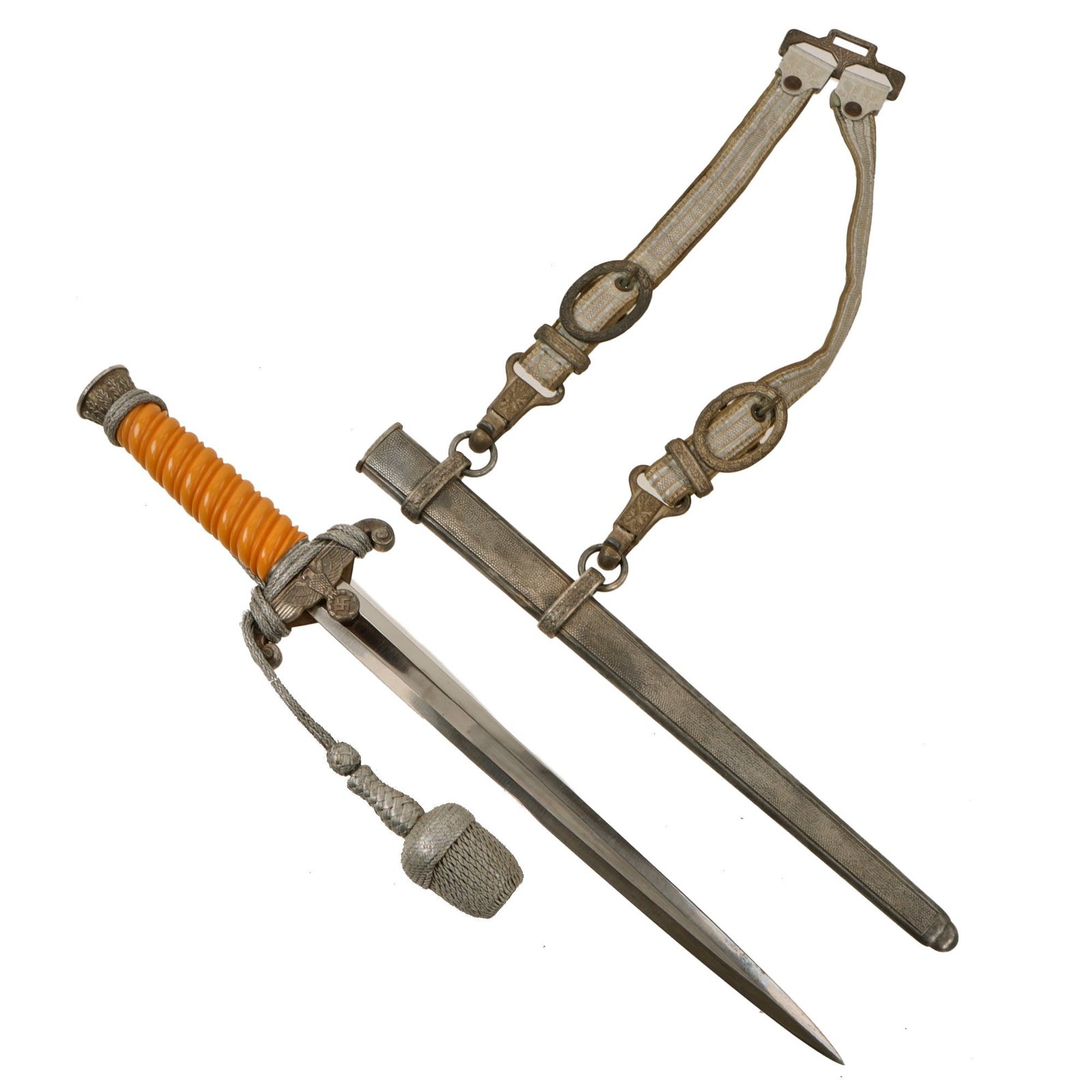Original German WWII Heer Army Officer Dagger by P.D. Lüneschloss of Solingen with Scabbard, Hanger, and Portepee