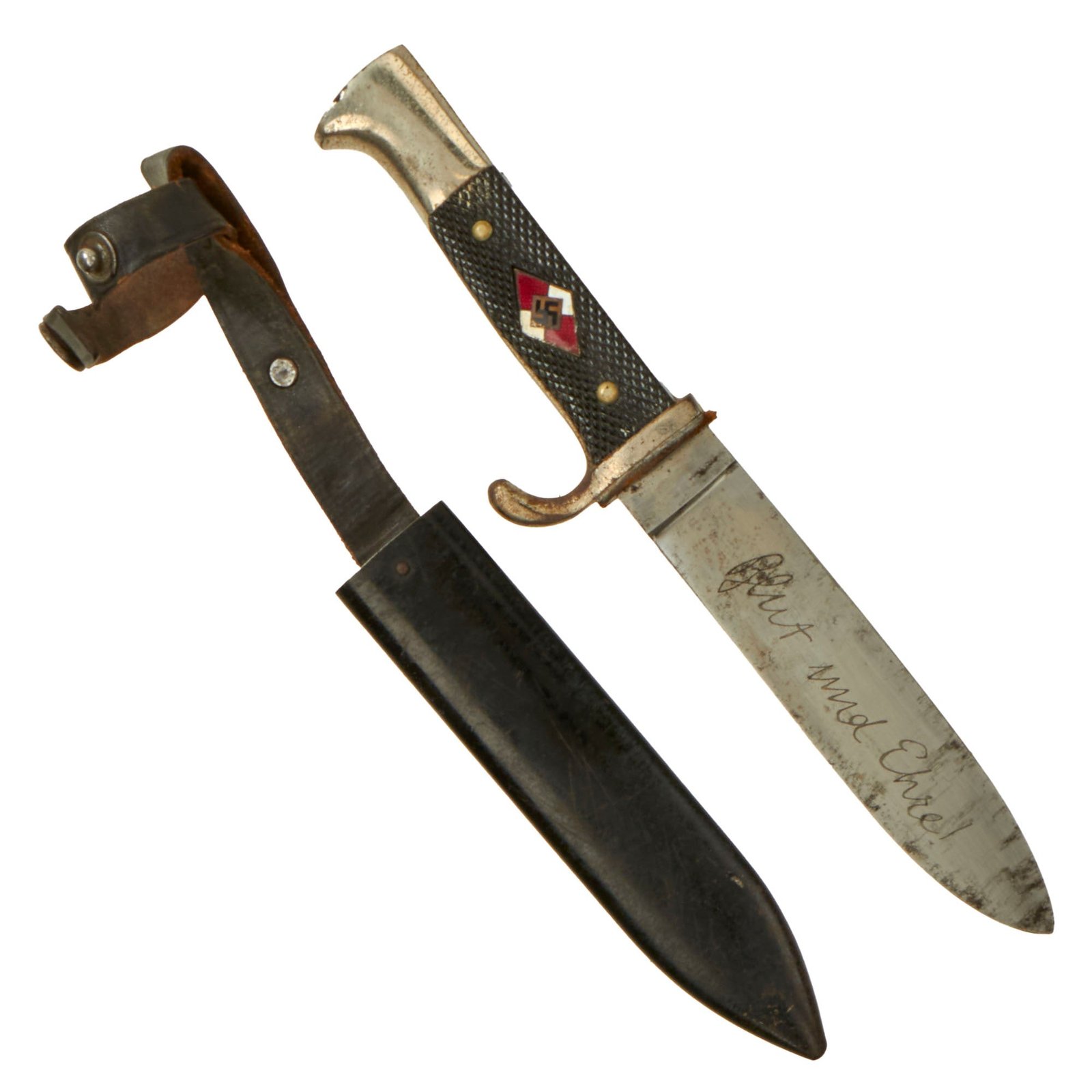 Original German WWII 1938 dated Transitional Motto Marked HJ Knife by Rare Maker Hartkopf & Co. with Scabbard - RZM M7/40