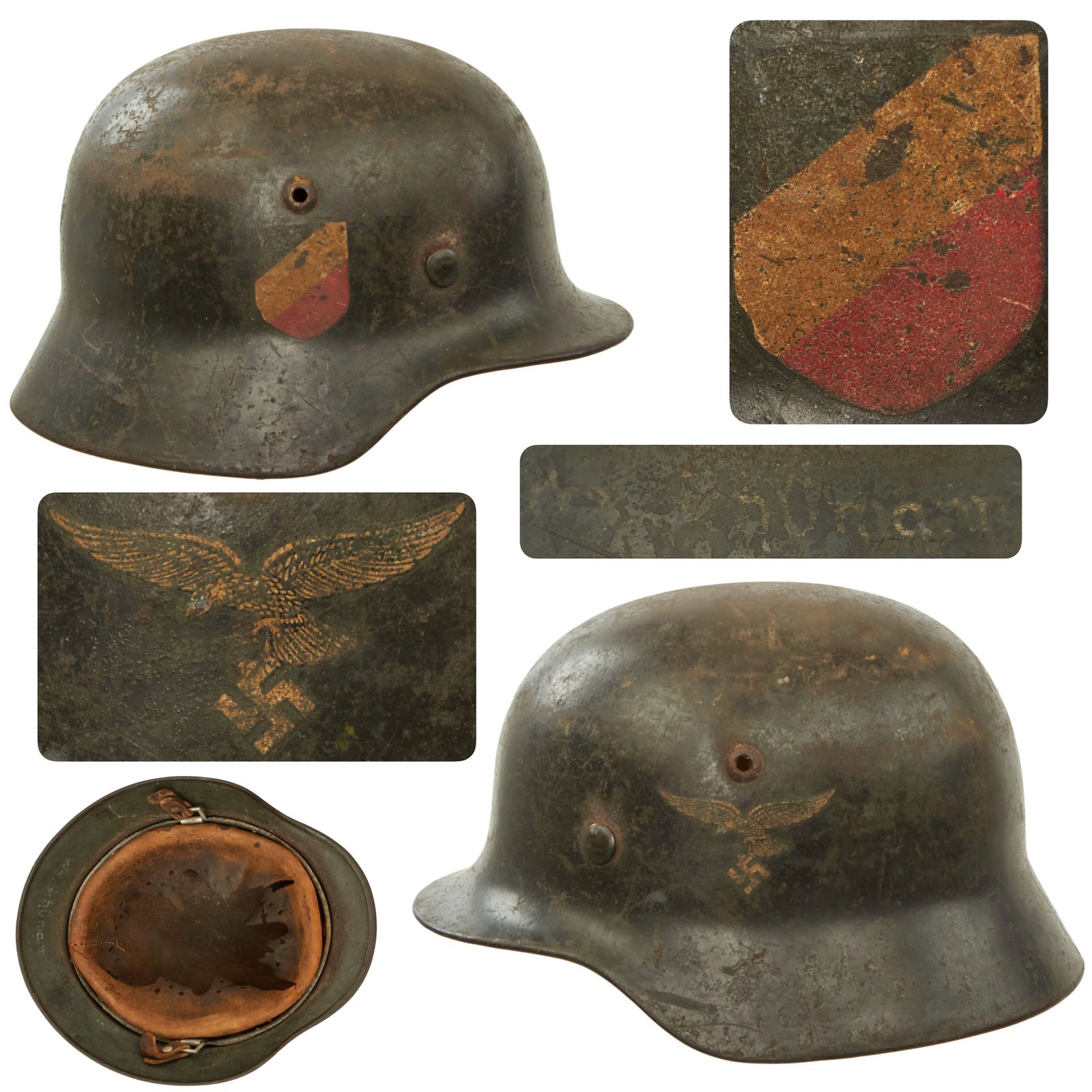 Original German WWII Luftwaffe Named M35 Double "Droop Tail" Decal Steel Helmet with 1938 Dated Liner - marked ET62