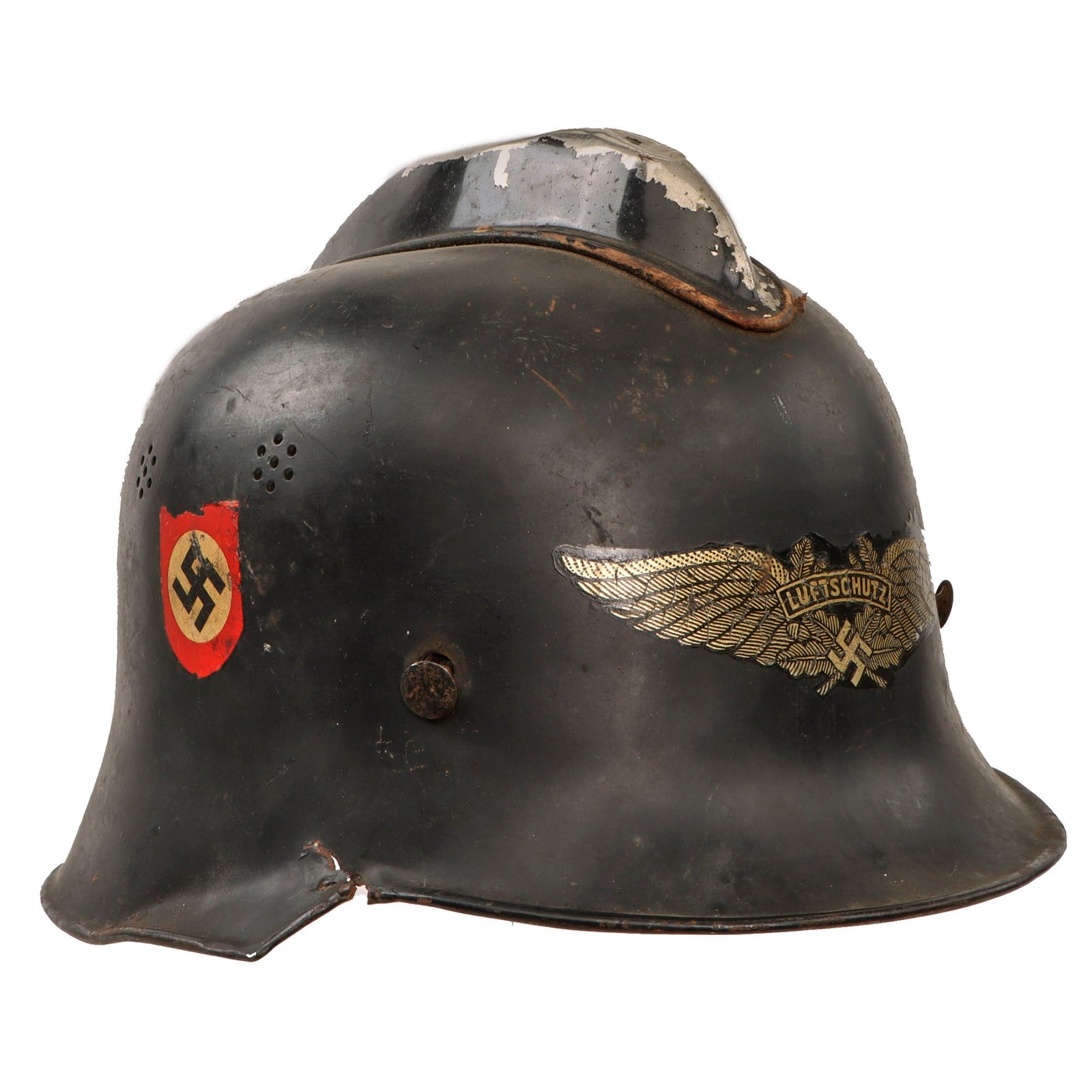 Original German WWII M34 Square Dip Fire Luftschutz Protection Police Helmet Shell with Double Decals & Comb