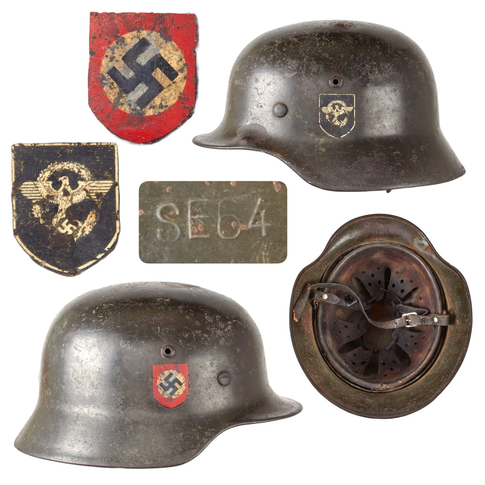 Original German WWII Battle Damaged Double Decal Civic Police M35 Steel Combat Helmet with 56cm Liner & Broken Chinstrap - SE64