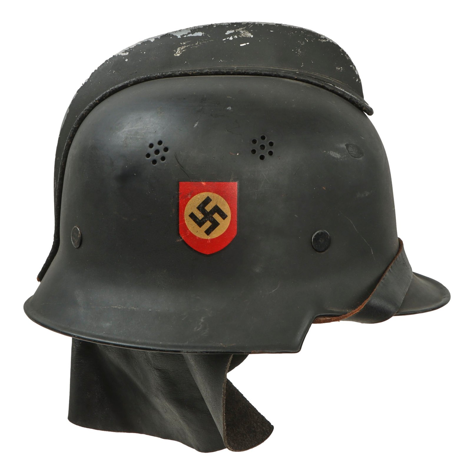 Original German WWII M34 Square Dip Fire Police Helmet with Rare Leather Neck Shield and Comb - Feuerwehr