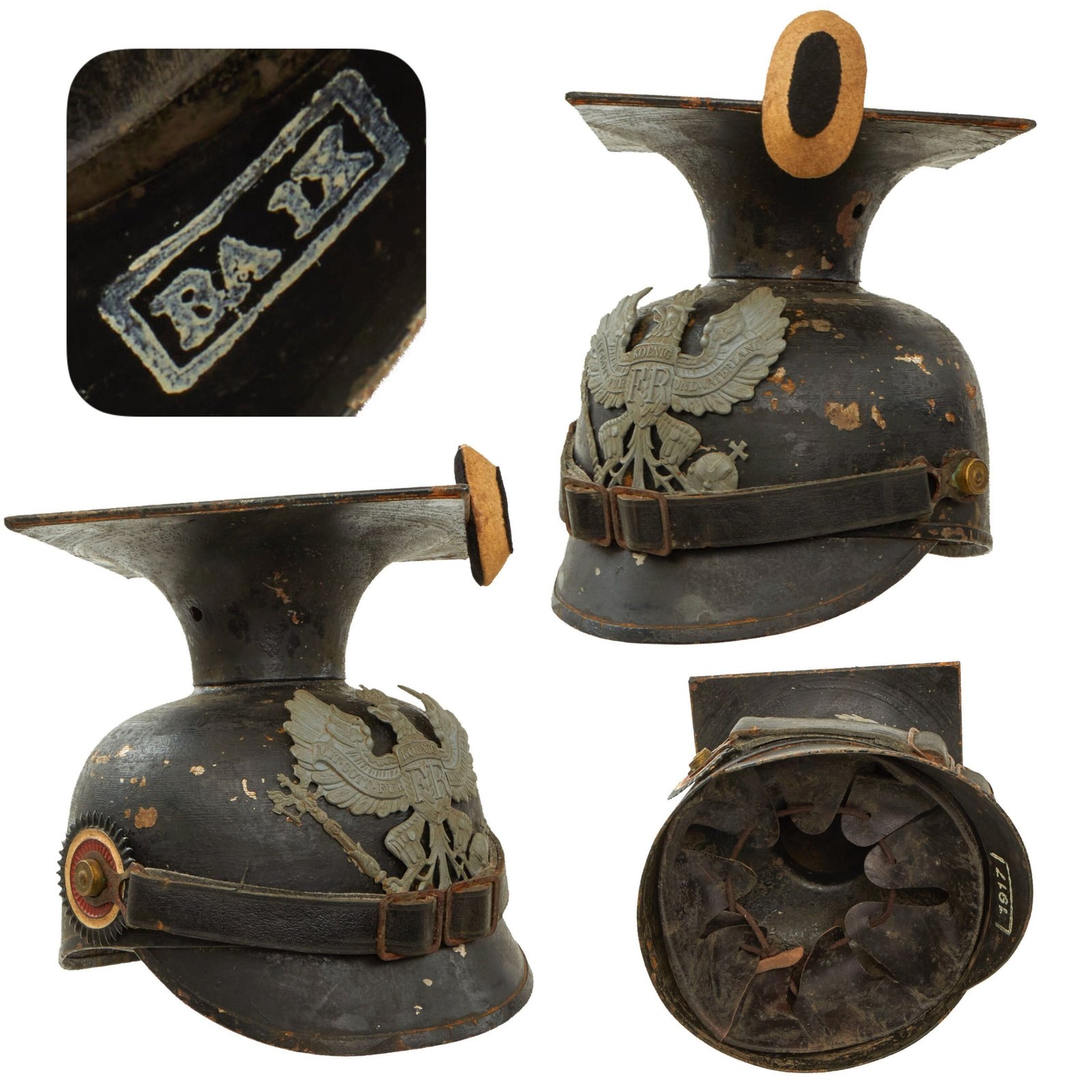 Original Imperial German WWI Ersatz Fully Steel Prussian M1915 Other Ranks Uhlan Tschapka with Cockades - Dated 1917