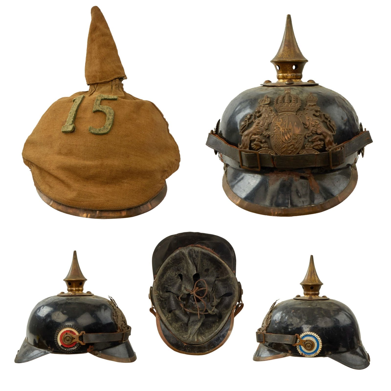Original German WWI Bavarian Model 1914 Tin Plate Pickelhaube Helmet with Helmet Cover & Added Numbers - Eisenblech Ersatz-Helme - Manufactured by Bing of Nurnberg