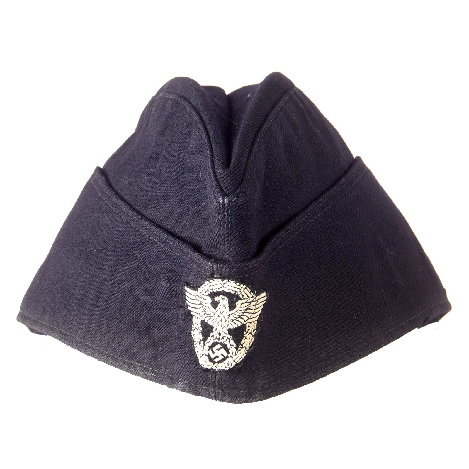 Original German WWII Schutzpolizei Protection Police Black EM/NCO M38 Overseas Cap with Chinstrap - Schiffchen