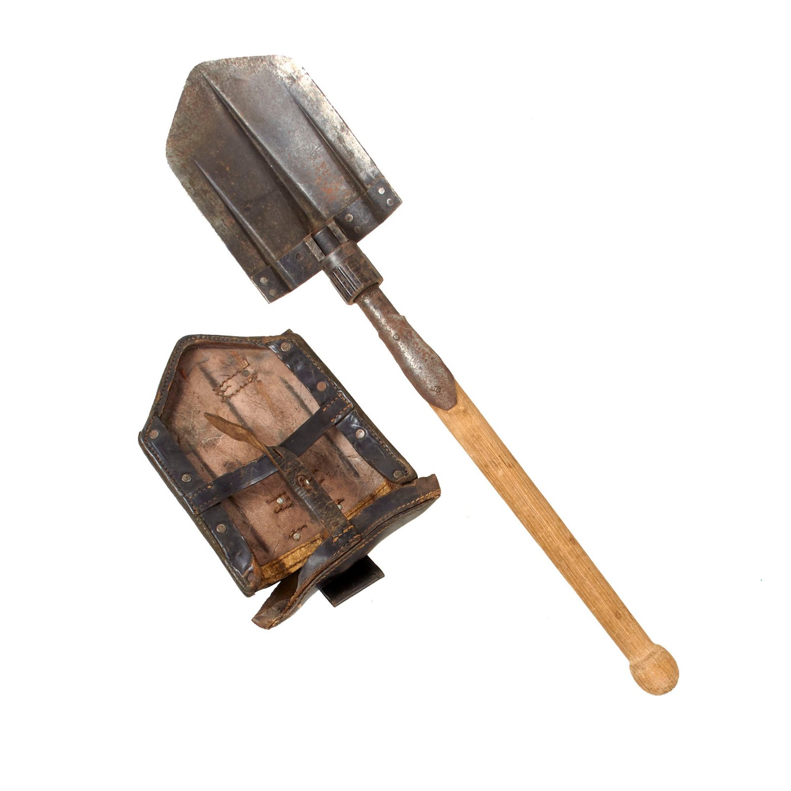 Original German WWII Folding Shovel Klappspaten by Hugo Linder Deltawerk with 1941-Dated Leather Carrier