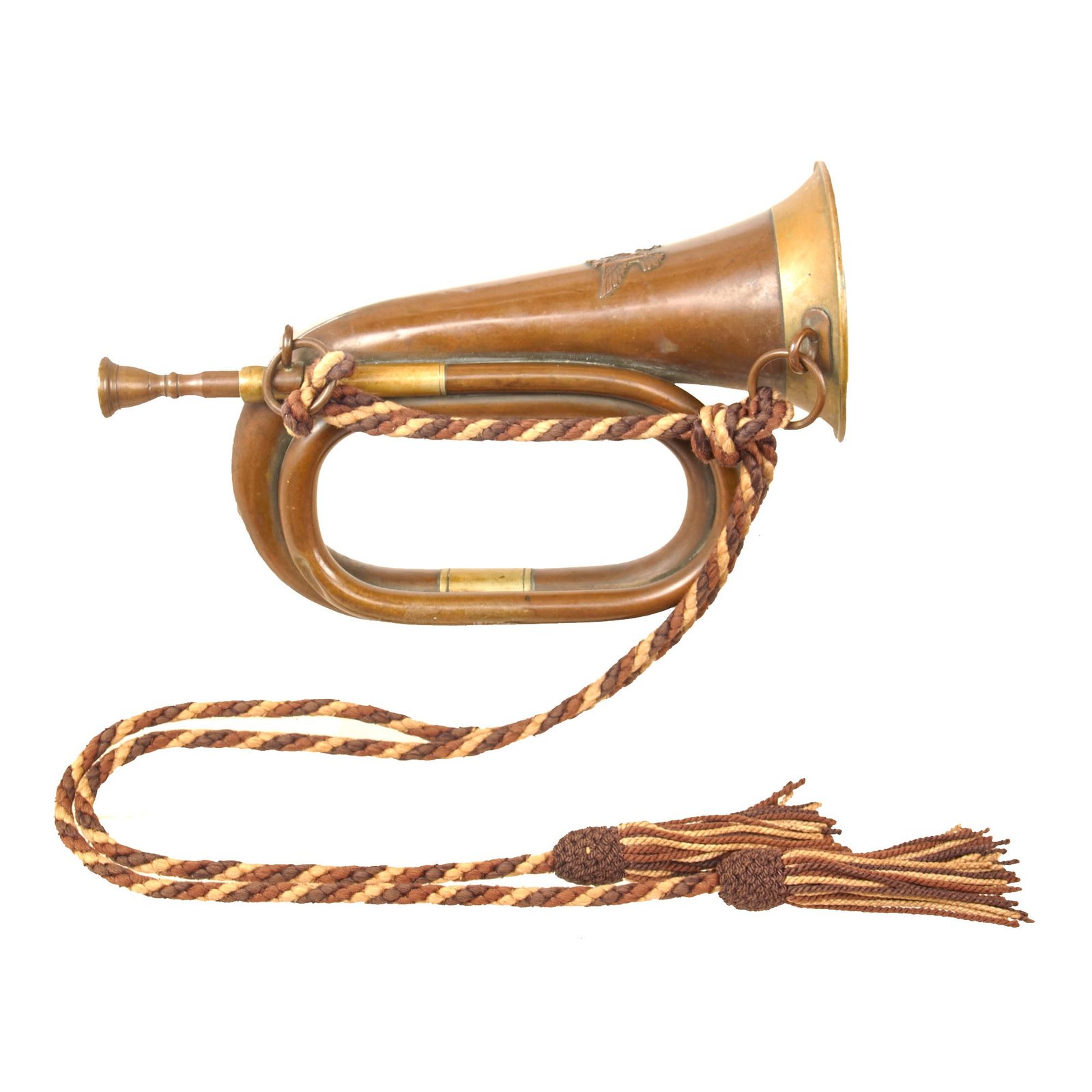 Original German WWII Early HJ National Youth Organization Brass Bugle in C with Prussian Eagle Insignia & Tri-Color Cord