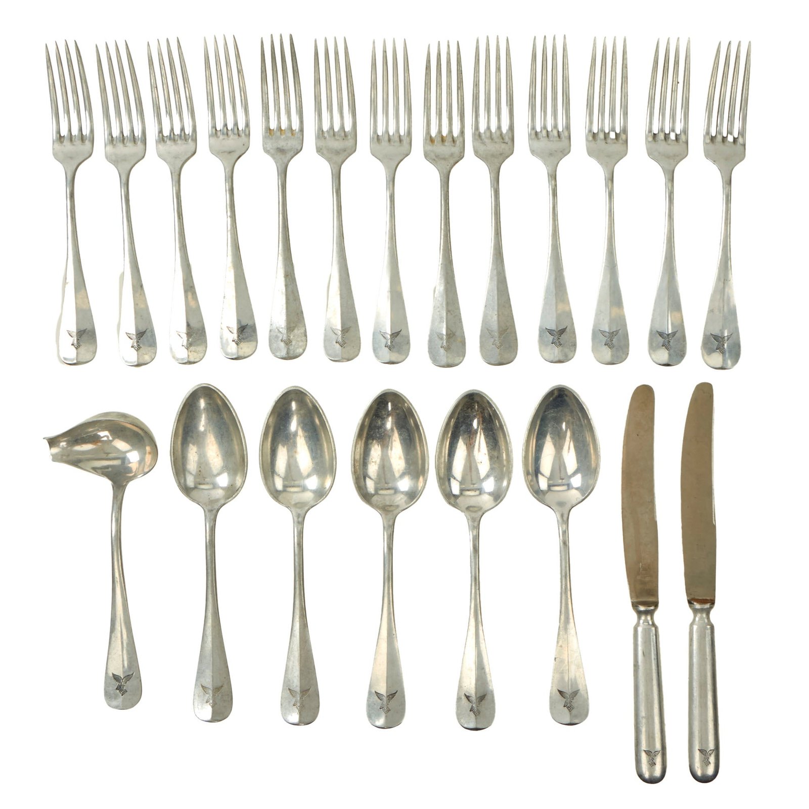 Original German WWII 1940 Dated Luftwaffe Fl.U.V. Marked Barracks Utensil Set by W. Seibel of Mettman - 21 Items