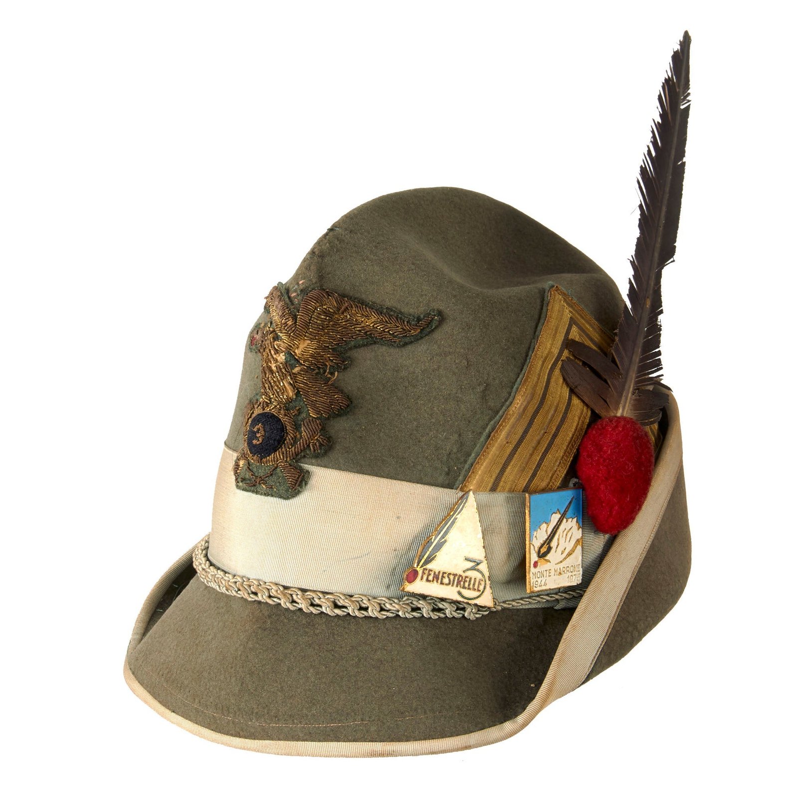 Original WWII Royal Italian Army Alpine Division 3rd Regiment Officer Alpini Cap with Feather & Battle of Monte Marrone Reunion Pin