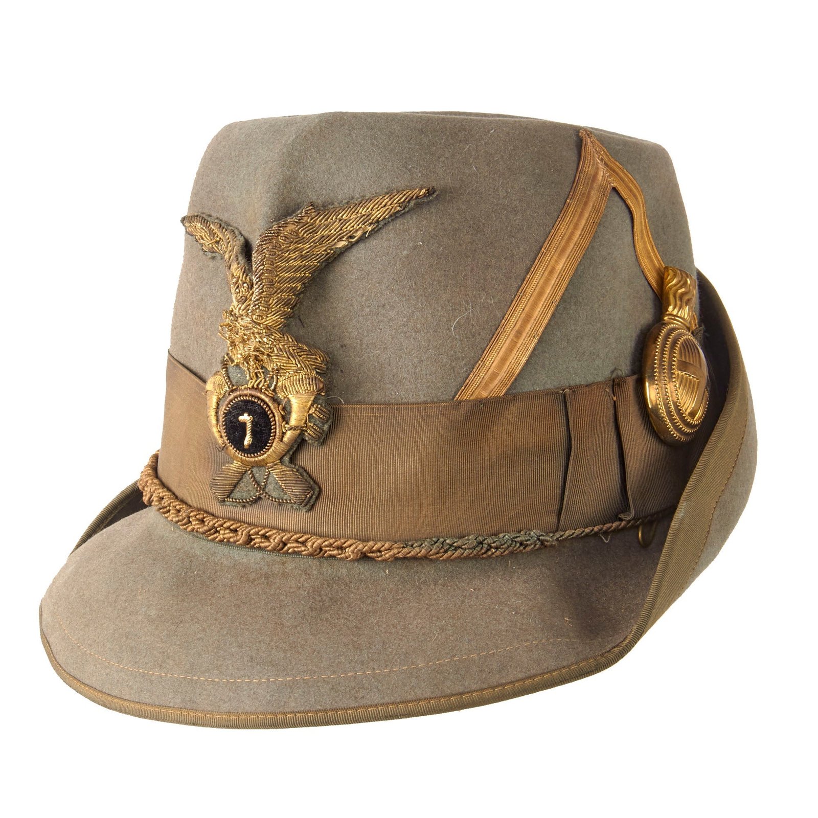 Original WWII Royal Italian Army Alpine Division 7th Regiment Officer Alpini Cap by Alpino with Bullion Badge & Plume Holder