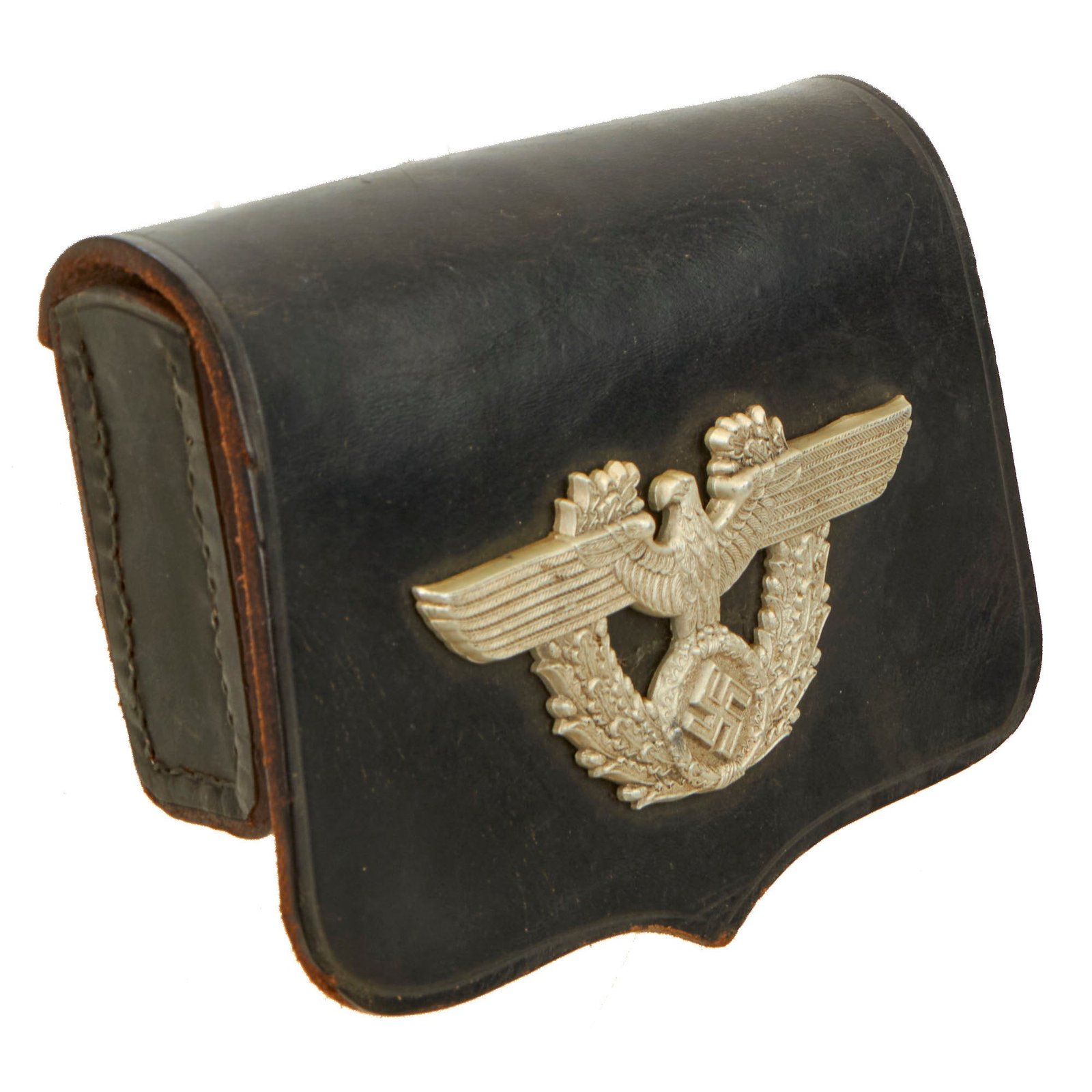 Original German WWII Metropolitan Police Leather Pistol Cartridge Box with Police Eagle Insignia