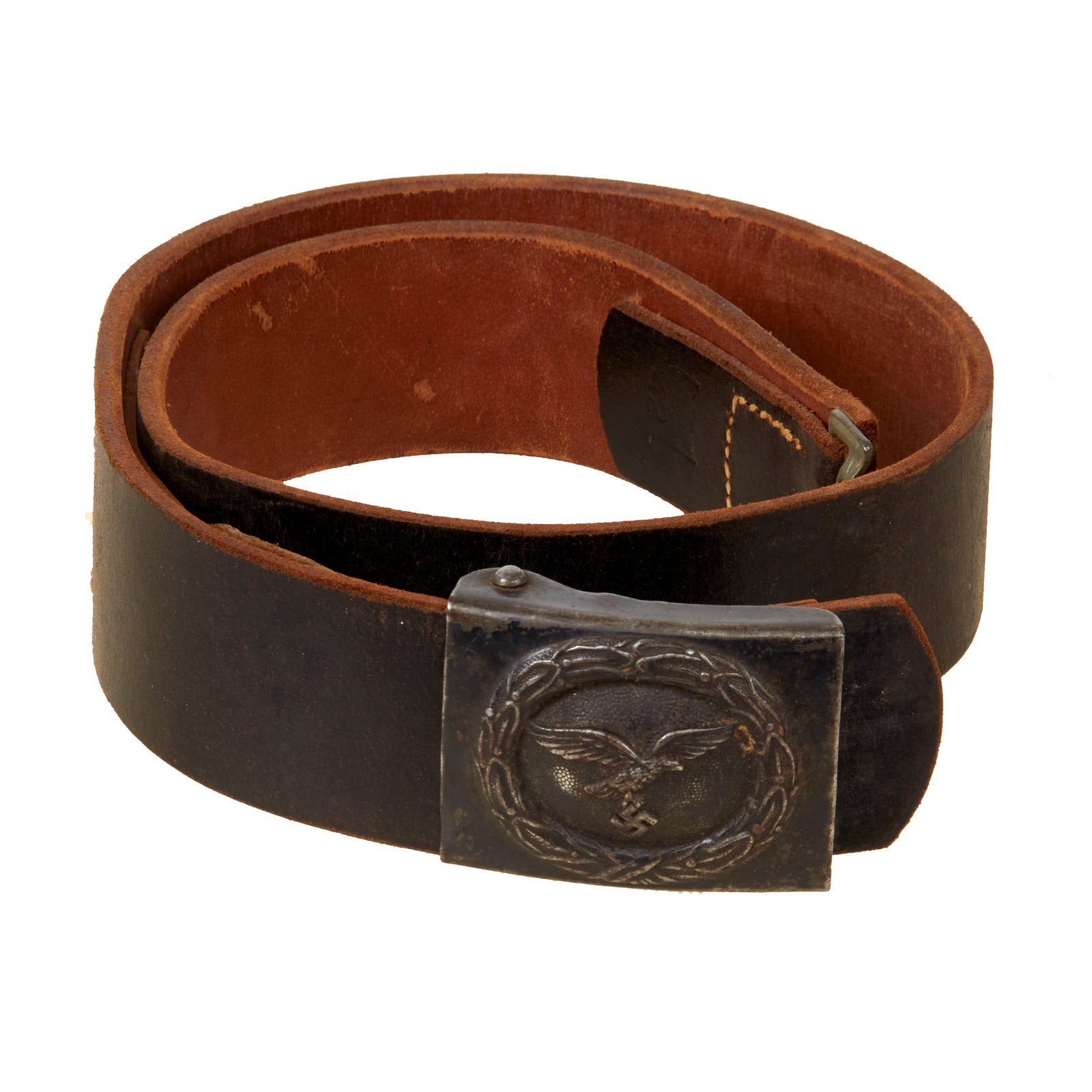 Original German WWII Luftwaffe Leather Belt with Painted Steel Buckle by Hermann Aurich - dated 1942