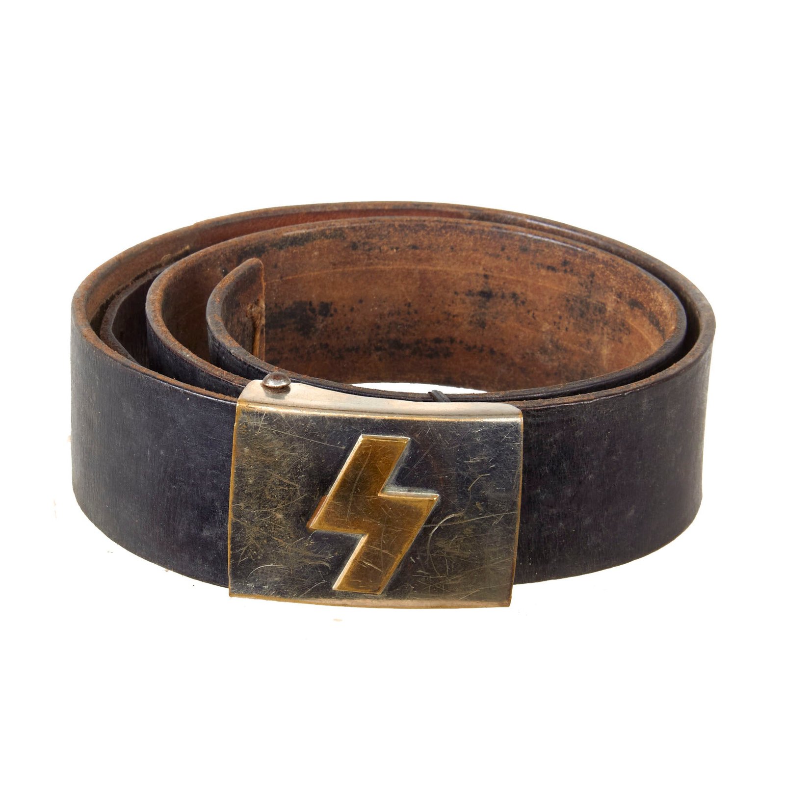 Original German WWII HJ Early DJ Leather Belt with Deutsches Jungvolk Single Rune Plated Brass Buckle