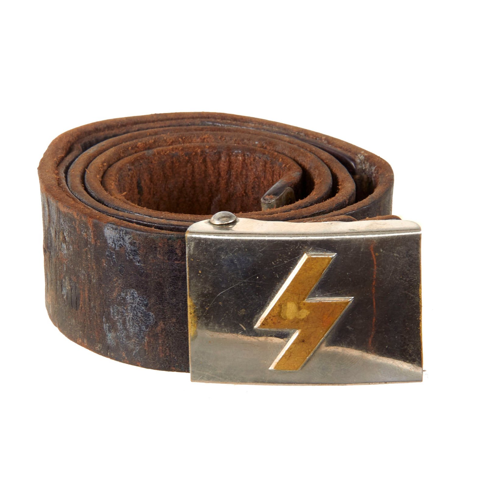 Original German WWII Child Sized HJ Early DJ Leather Belt with Deutsches Jungvolk Single Rune Plated Brass Buckle